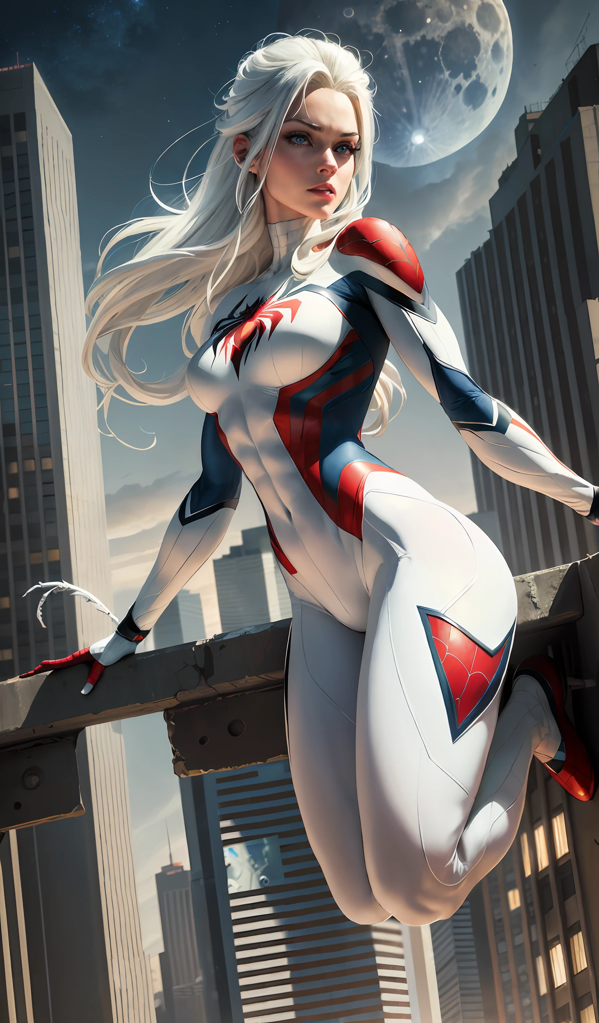 (Masterpiece, 4k resolution, ultra-realistic, very detailed), (White superhero theme, charismatic, there's a girl on top of town, wearing Spider-Man costume, she's a superhero), [ ((25 years), (long white hair:1.2), full body, (blue eyes:1.2), ((Spider-Man pose),show of strength, jumping from one building to another), ((sandy urban environment):0.8)| (cityscape, at night, dynamic lights), (full moon))] # Explanation: The Prompt mainly describes a 4K painting of ultra-high definition, very realistic, very detailed. It shows a superheroine at the top of the city, wearing a Spider-Man costume. The theme in the painting is a white superhero theme, the female protagonist has long white hair, is 25 years old and her entire body is shown in the painting. In terms of portraying the actions of superheroines, spiders are employed