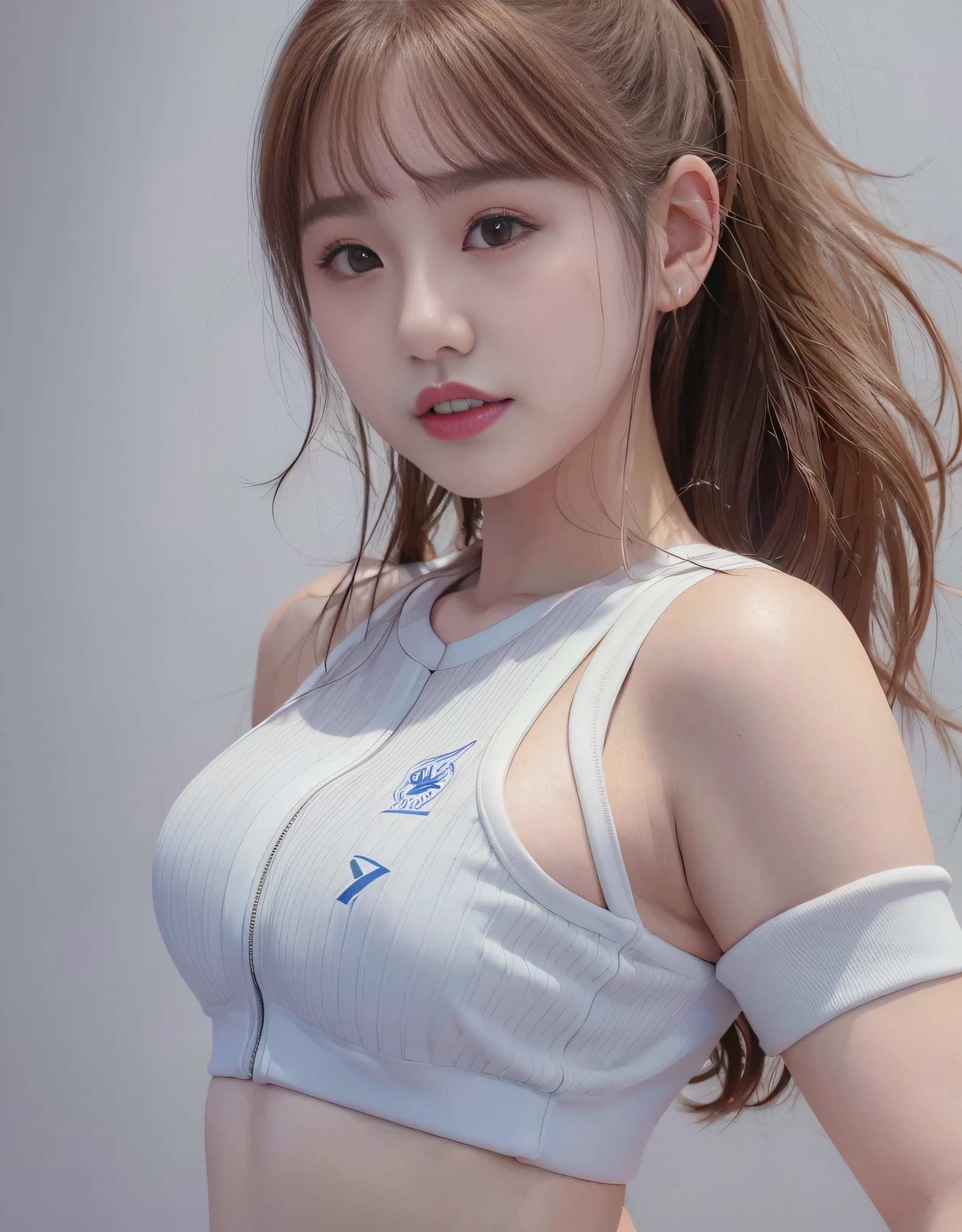 Gorgeous young Korean woman posing for photo in white sports bra top, surreal painting inspired by Aeon Andreescu, sports bra and soft white tight tracksuit, clear and cute smile, clear face, Korean female idol
