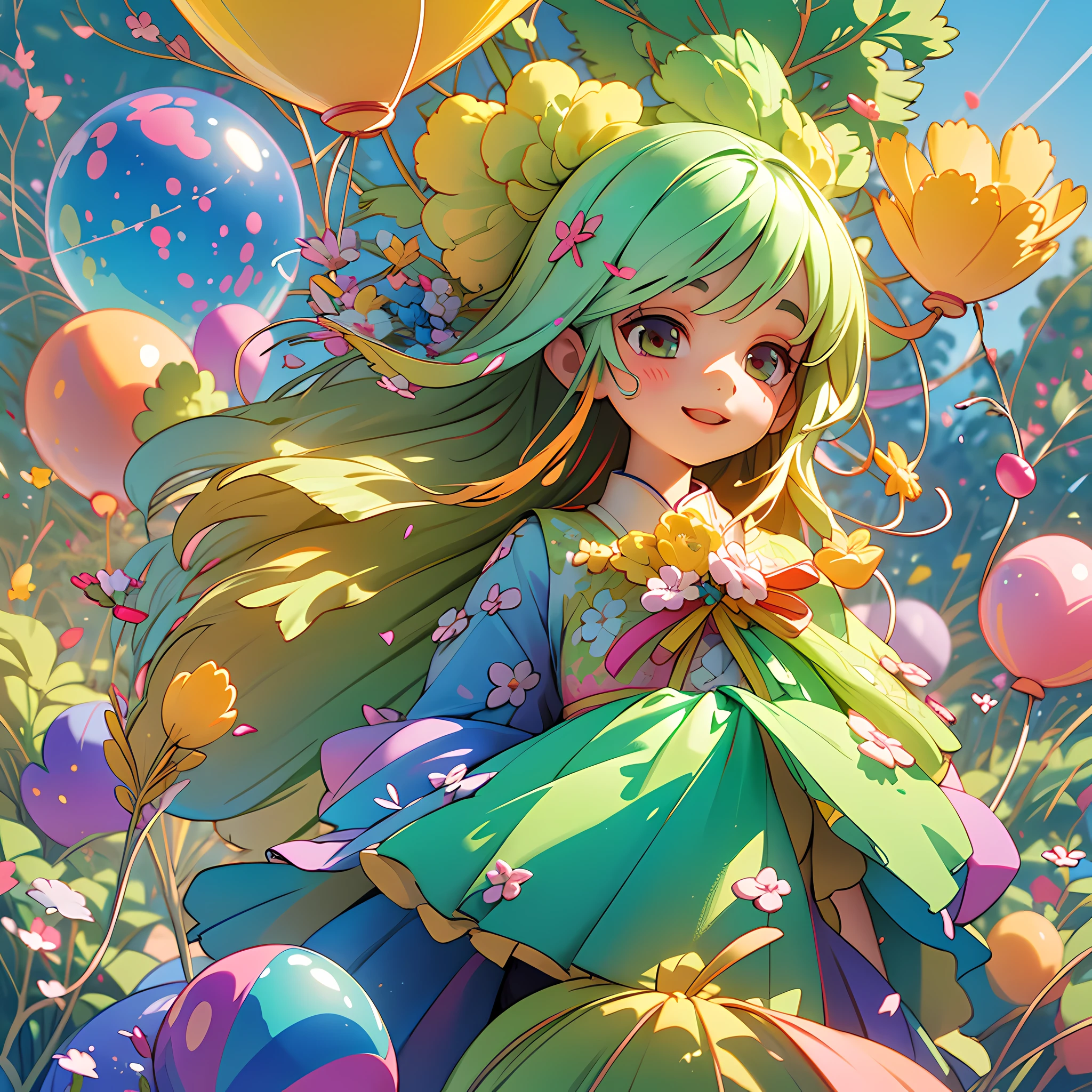 A girl holding flowers, colorful balloons floating in the sky, meadow, dancing, holding flowers, happy, happy, perfect quality, clear focus (clutter-home: 0.8), (masterpiece: 1.2) (Realistic: 1.2) (Bokeh) (Best quality) (Detailed skin: 1.3) (Intricate details) (8K) (Detail Eyes) (Sharp Focus), (Happy)