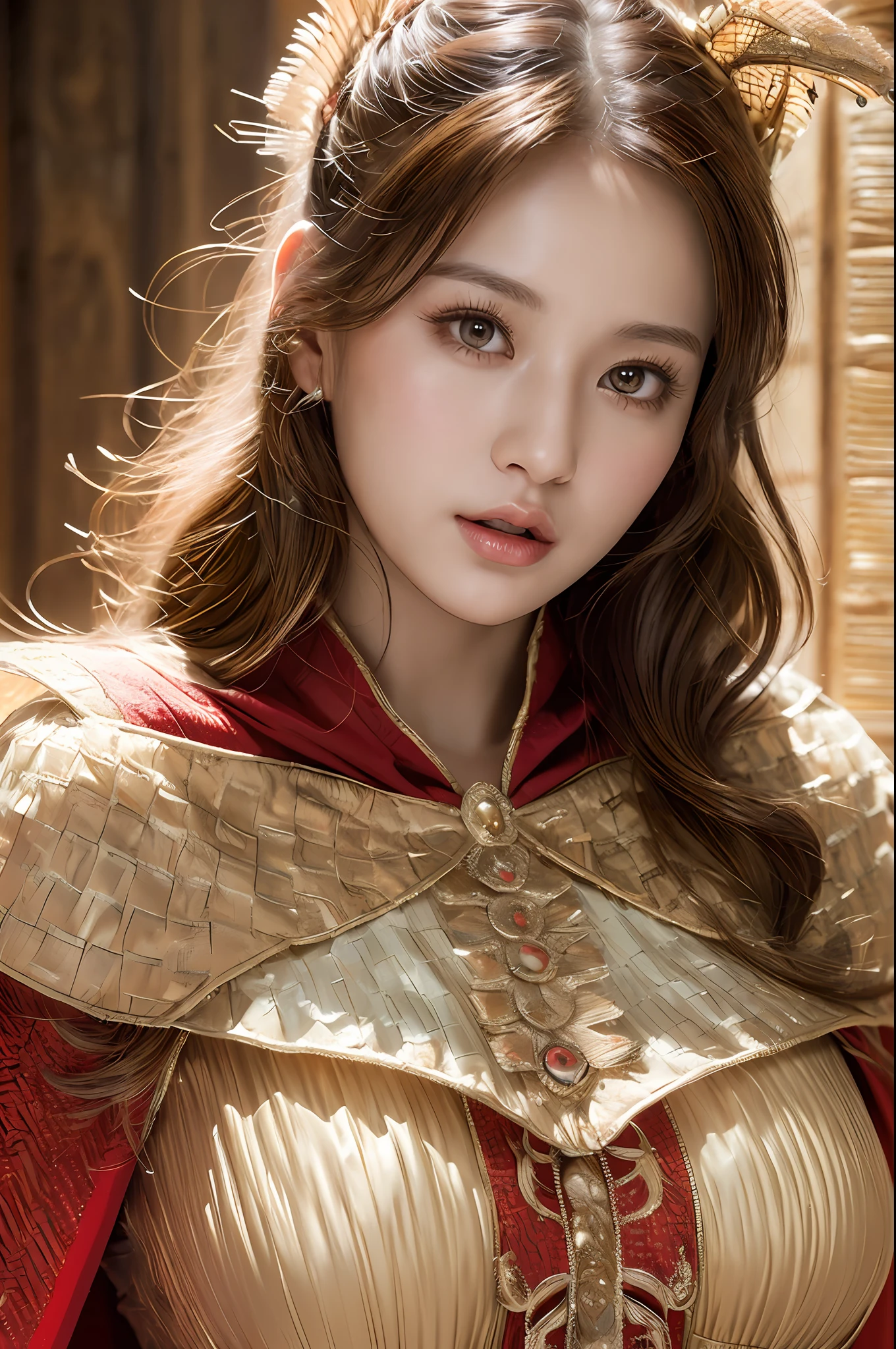 ((masterpiece))), (((best quality))), ((ultra-detailed)), (hyperrealistic), (highly detailed CG illustration), cinematic light, photorealistic ,extremely beautiful young lady, light makeup, big breast, intricate detailed eaba, red cape, spear , big breasts, (micro dress honeycomb texture:1.2)