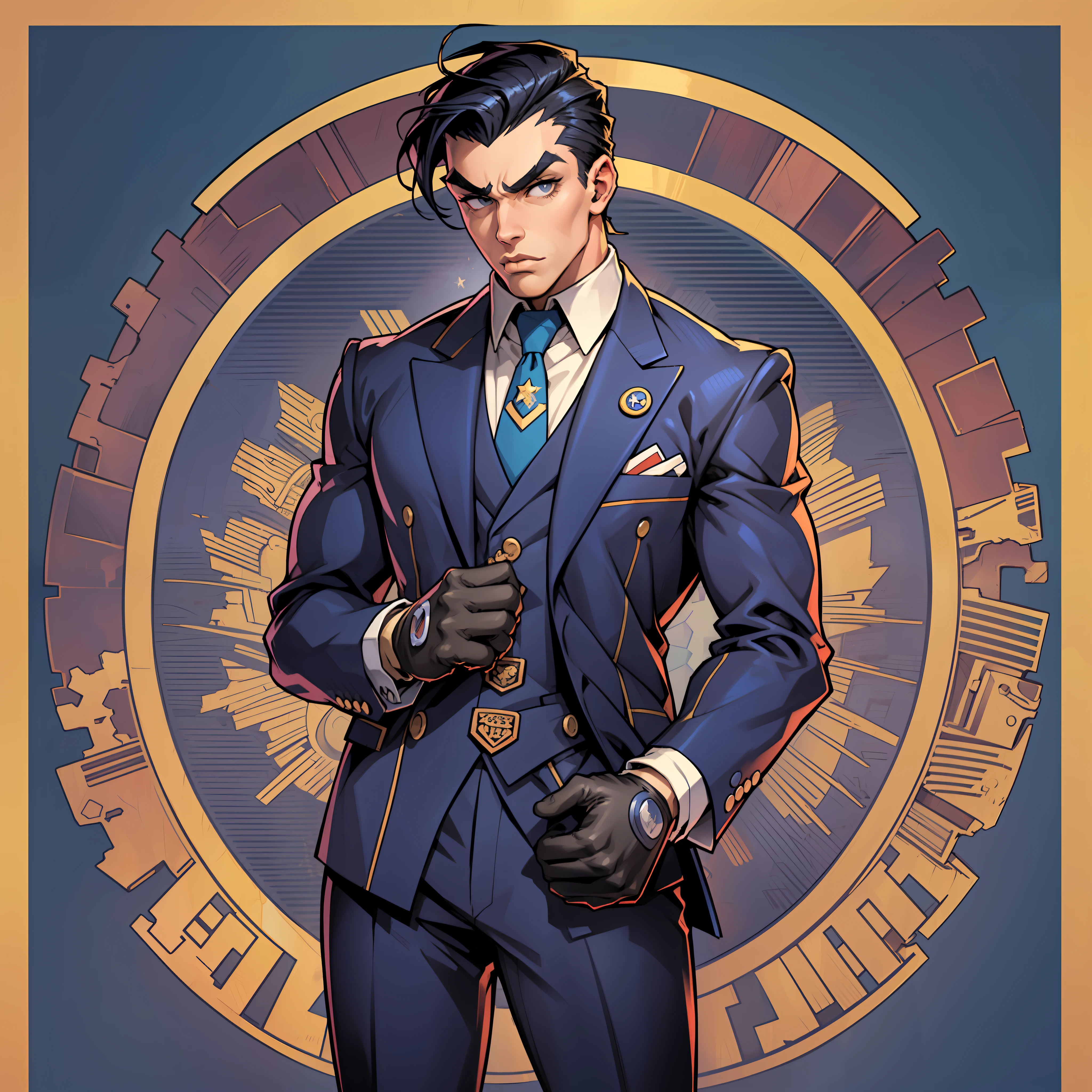 (an American man:1.2),(a stylish suit),(wearing gloves on his hands),(a peculiar face:0.7,a prominent nose, thick eyebrows),peculiar art from Jojo's Bizarre Adventure. --auto --s2