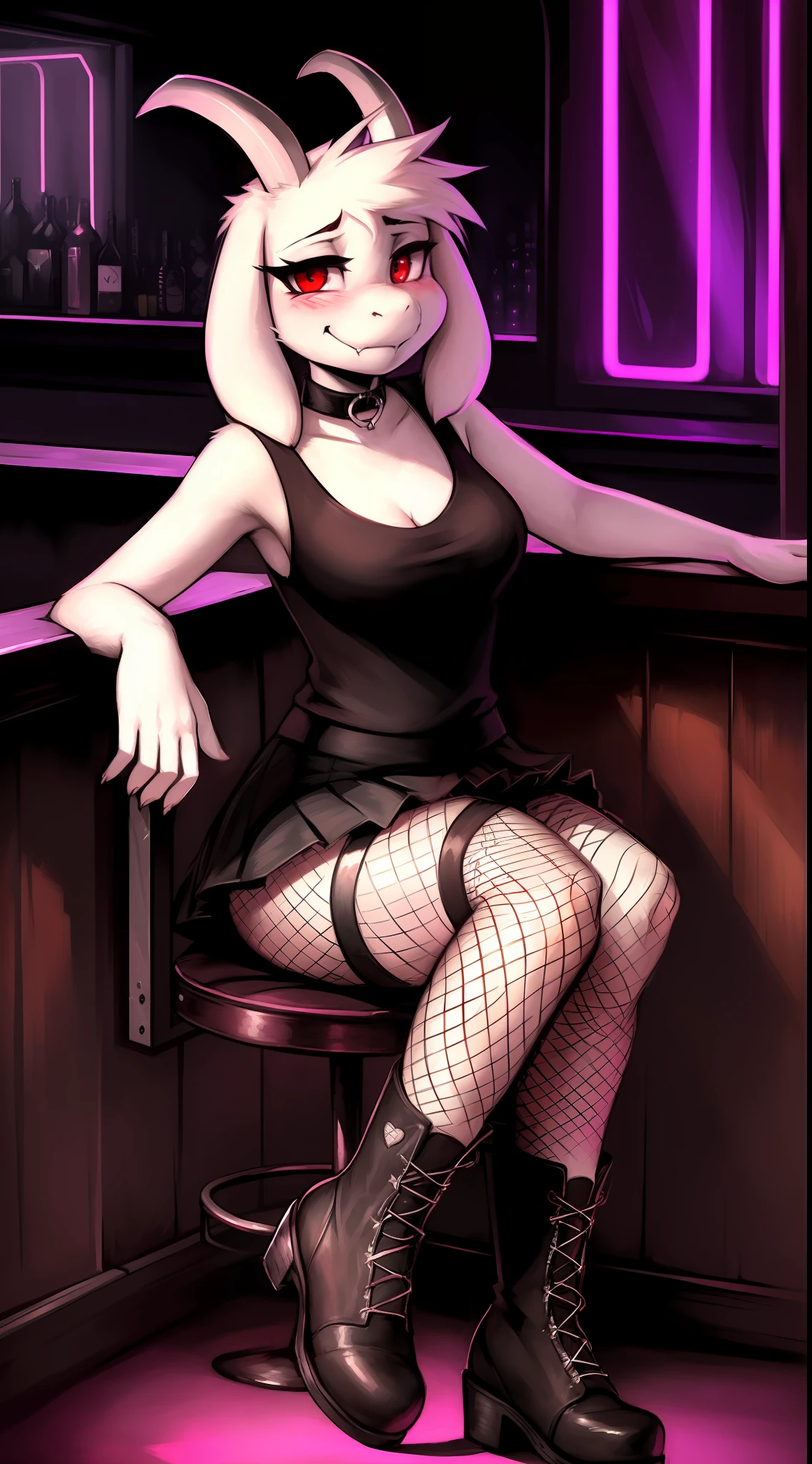 by Zackary911, kenket, kilinah, Zackary911, (((asriel, woman, breasts, antrum, extremely detailed, extremely detailed legs, extremely detailed arms, extremely detailed face, perfectly detailed eyes, perfectly detailed anatomy))): 1.2, solo, perspective, curved thighs, huge thighs, curvature, embarrassed smile, (tail), totally blushed, nervous, looking at the viewer, red eyes, black choker, gothic outfit, black tank top, white skirt, Fishnet stockings, boots, gothic makeup, Nightclub, neon lights, Fishnet gloves, bar, sitting on a chair