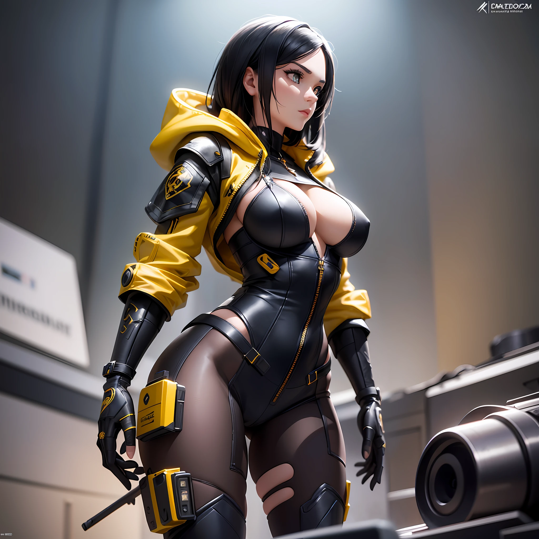 a full body cartoon girls with a very beautiful realistic face and realistic black hair, with high heels, Ultra detailed complex 3d rendering of a beautiful profile face, in detailed tight yellow dress, with jacket with hood and robotic arm, global illumination, with perfect soft curves, 3d render stylized, post - apocalyptic cowgirl, marmoset toolbag rendered, A stunningly portrayed in a masterpiece of ultra-detailed artwork, ultra quality render, with belts like RPG concept, ultra detailed ornaments in clothes, with tattoo in neck and boobs, with 3 variations, soft lighting, high quality, volumetric lighting, photorealistic, dark studio, rim lighting, tone lighting, in post - apocalyptic background. --auto --s2