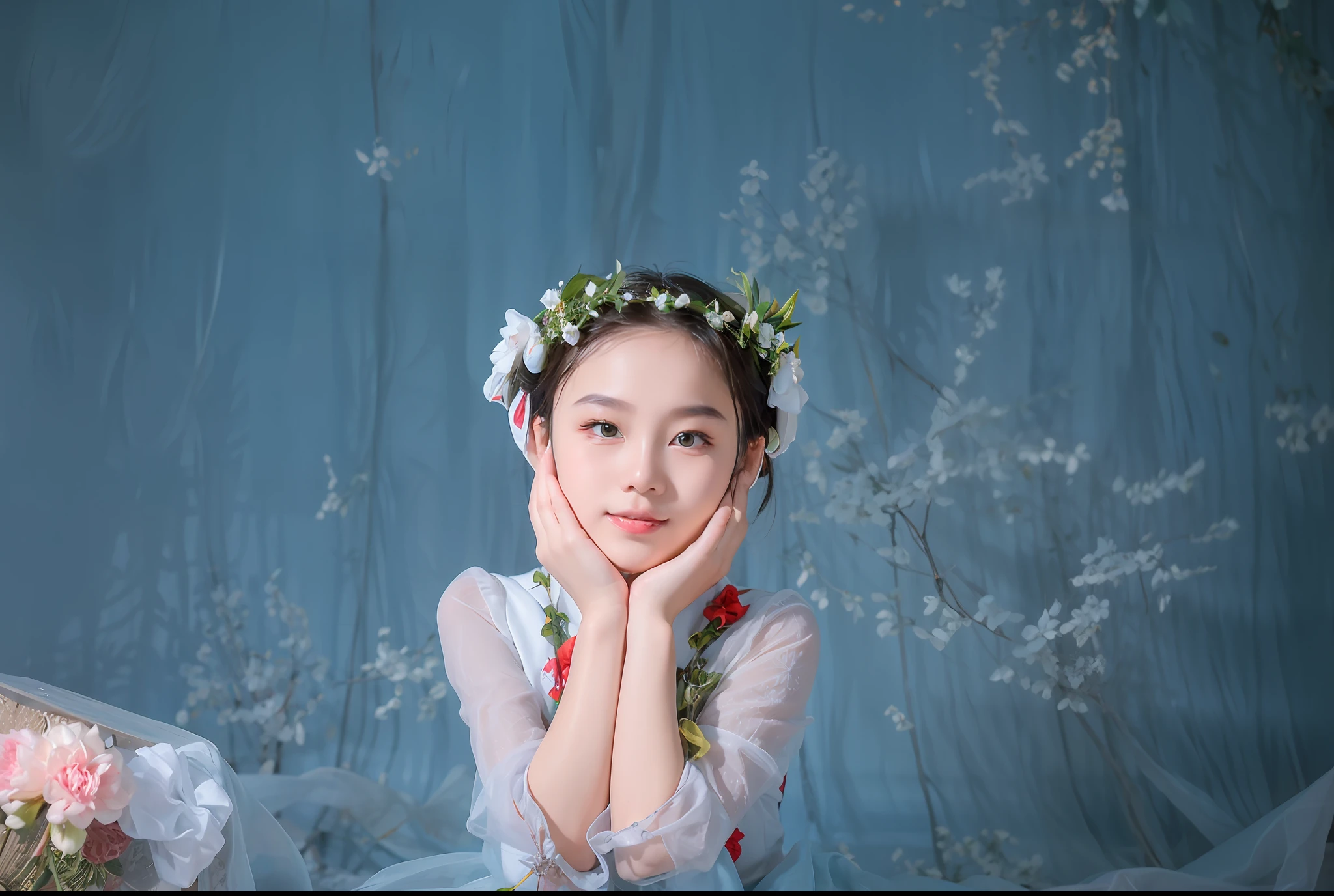 there is a young girl wearing a flower crown posing for a picture, high quality portrait photoshoot, lotus floral crown girl, high quality portrait, studio photography portrait, chinese girl, studio portrait photography, light blue dress portrait, cute young girl, elegant smiling pose, photography portrait, young asian girl, 60mm portrait, 7 0 mm portrait, beautiful portrait photo