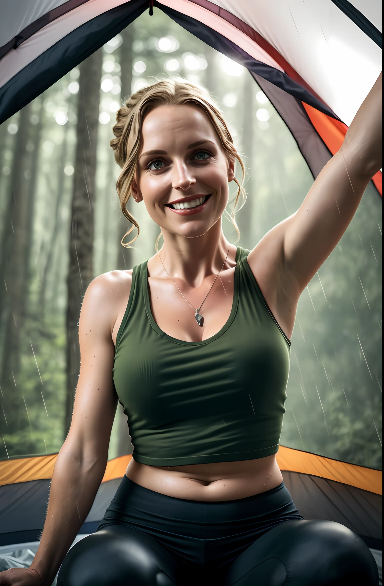 35-years-old woman, ((spooky smile)), ((sitting in a camping tent)), ((in heavy raining day)), (in the forest), slim body, (natural huge cleavage to viewer), (clothes: one shoulder tank top and leggings), (shaved armpits, showing underarm by hands up), toned stomach, photorealistic, photography, masterpiece, realistic, realism, photorealism, high contrast, photorealistic digital art station (16k HD high definition details realistic, detail, skin texture), ultra detail, realistic skin texture, armature, best quality, ultra high definition, (photorealistic:1.4),, high resolution, detail, raw photo, sharp re, by Lee Jefferies Nikon D850 film stock photo 4 Kodak Portra 400 Camera F1.6 lens rich colors Ultra realistic textures Dramatic lighting Unreal Engine Trending at Art Station Cinestill 800
