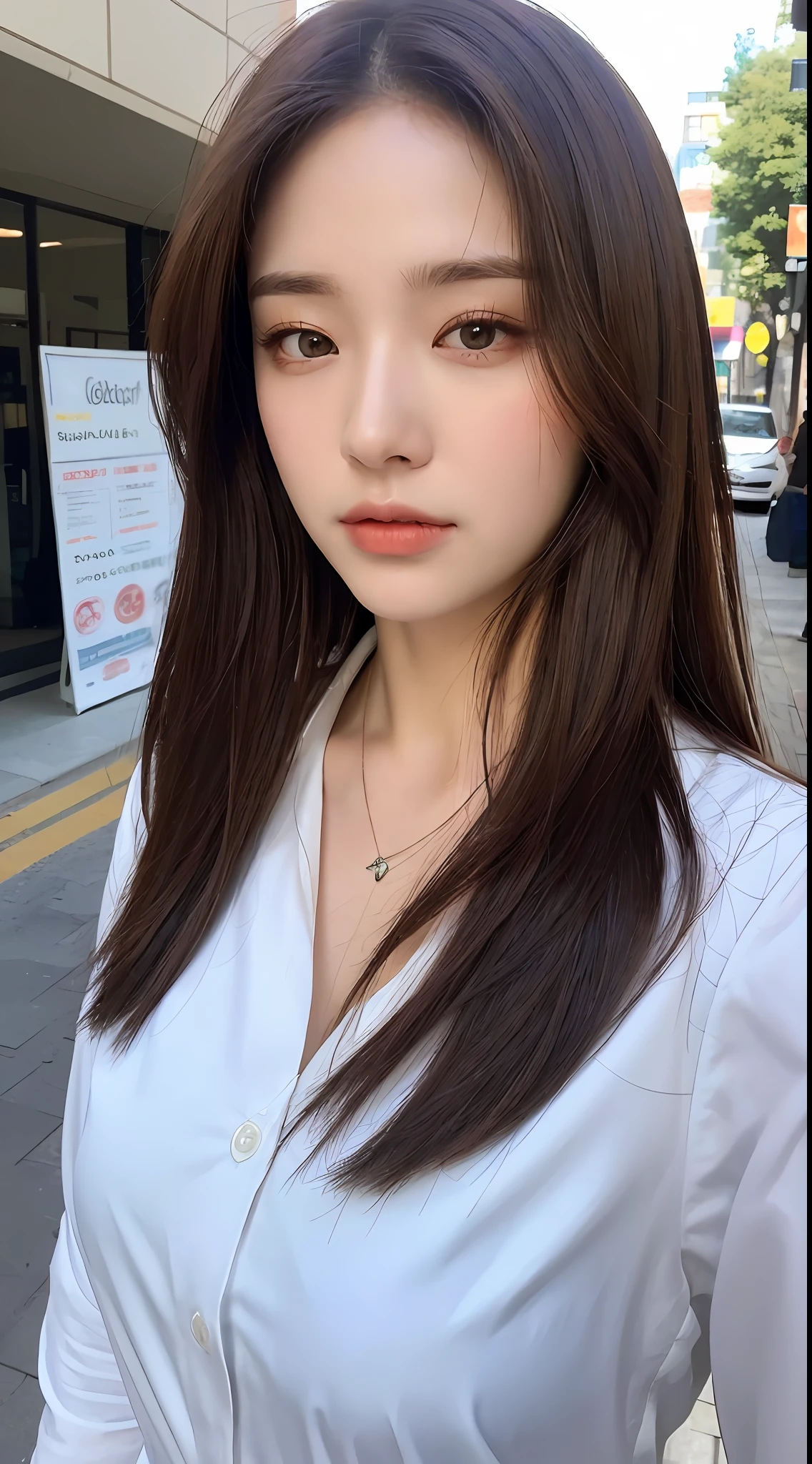 ((Top Quality, 8K, Masterpiece: 1.3)), Crisp Focus: 1.2, Beautiful Women with Perfect Style: 1.4, Slender Abs: 1.2, ((Dark Brown Hair, Big: 0.6)), Long Shirt (White Button Up: 1.1), Street: 1.2, Highly Detailed Face and Skin Texture, Detailed Eyes, Double Eyelids