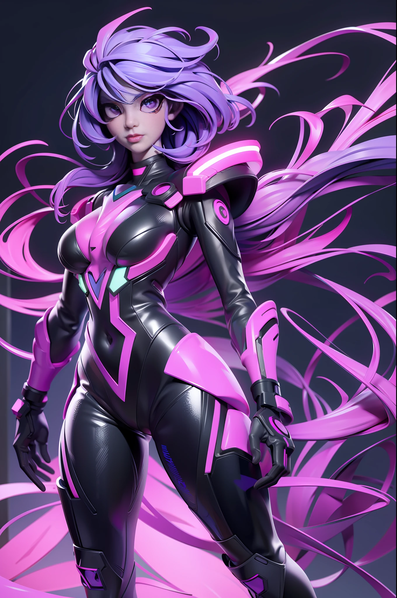 full body picture Unreal Engine 5 8K UHD of beautiful women, wearing evangelion plug suit, half face cyberpunk mask, futuristic neck collar, beauty makeup, violet neon light details, best quality, masterpiece