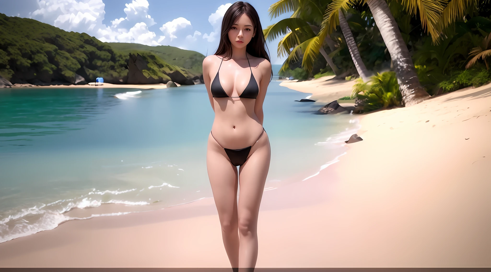 There is a bikini woman standing on the beach, realistic bikini, photorealistic perfect body, smooth anime CG art, realistic shading perfect body, [4K digital art]!!, 3d anime real, standing on the beach, photorealistic anime girl rendering, realistic anime 3d style, beach, swimsuit