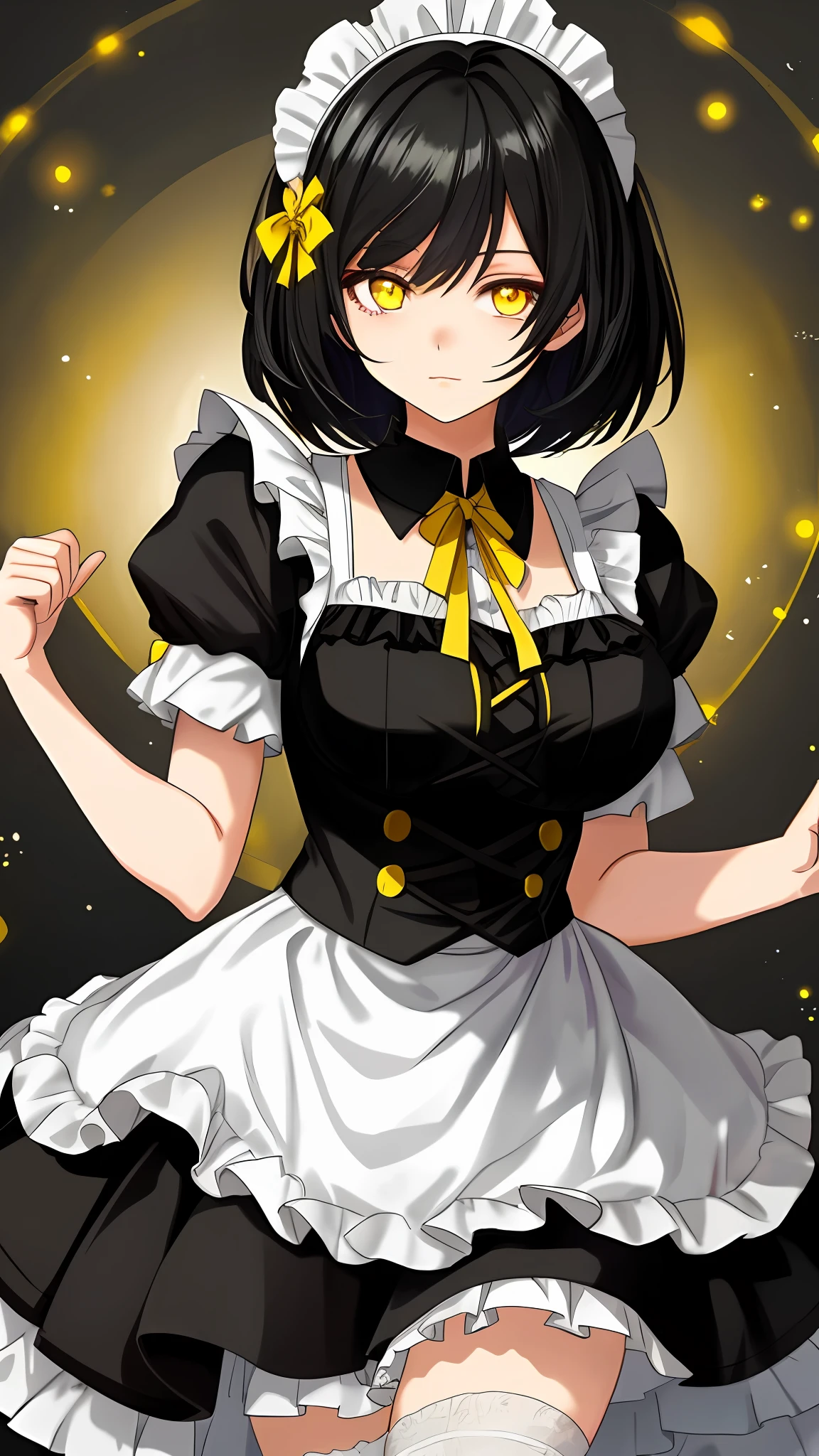 Yellow eyes, black hair, maid outfit, 1girl, large breasts, light Expression, 1girl, short hair