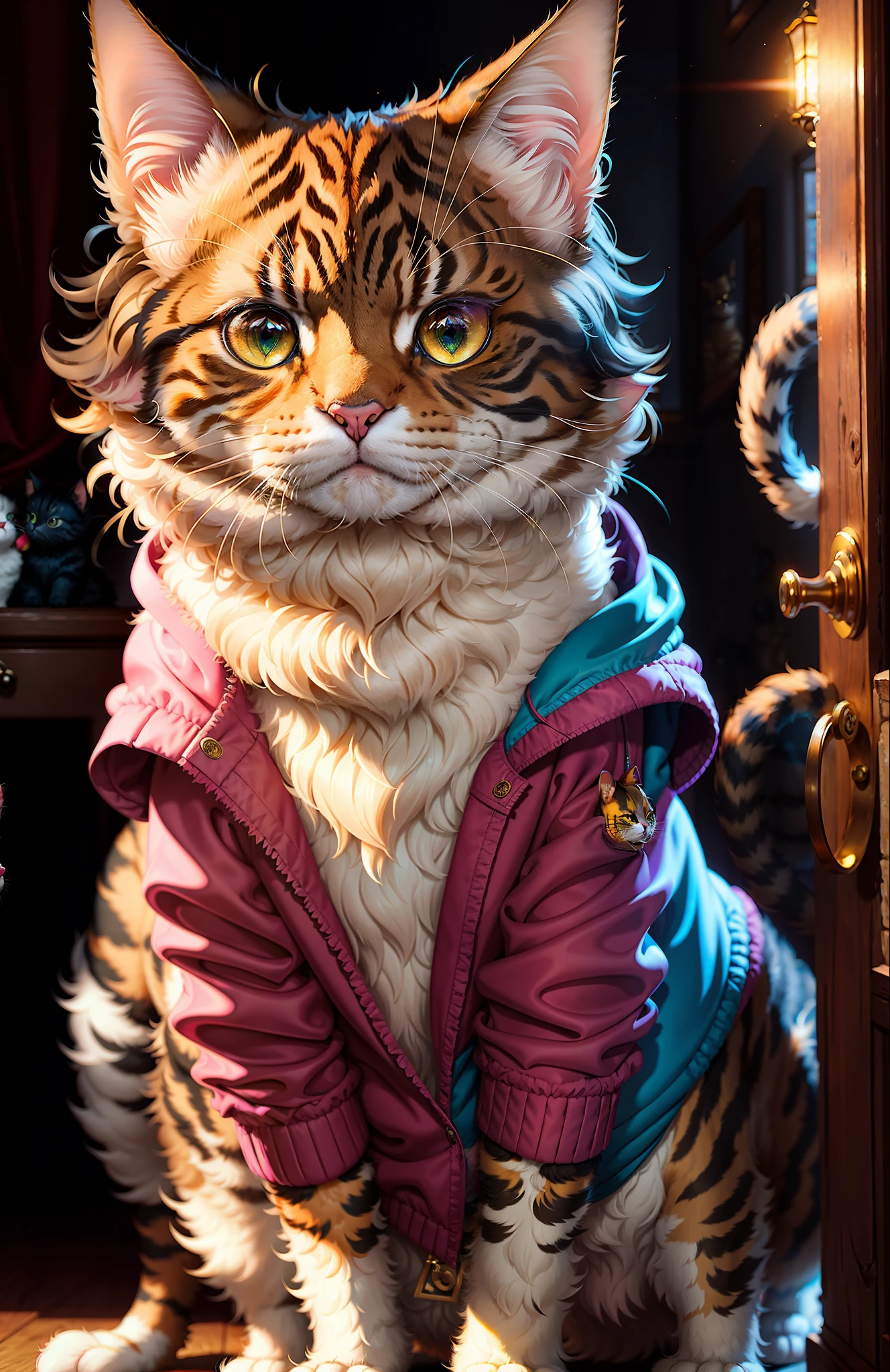 ((cat in clothes)),,full shot, fluffy hair, anthropomorphic expressions, juicy colors, exquisite details, masterpiece, realism, artsation, cg, realism, Unreal Engine, real light and shadow, beautiful juicy colors, stunning details, high quality, a pair of ears