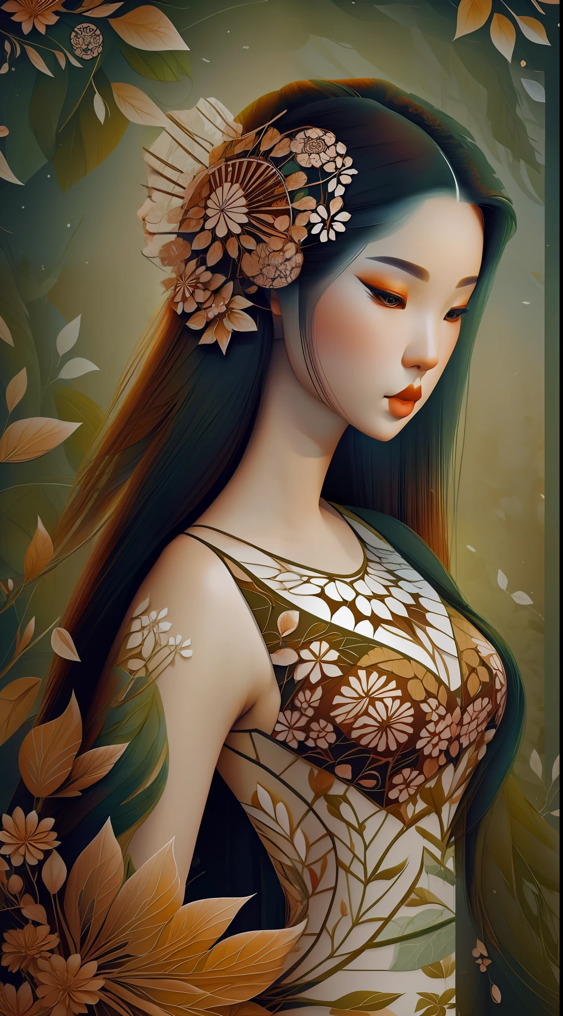 1sexy geisha girl with forest clothes, flowers, leaves, glossy hair (background: mandalas, fractal), ankymoore