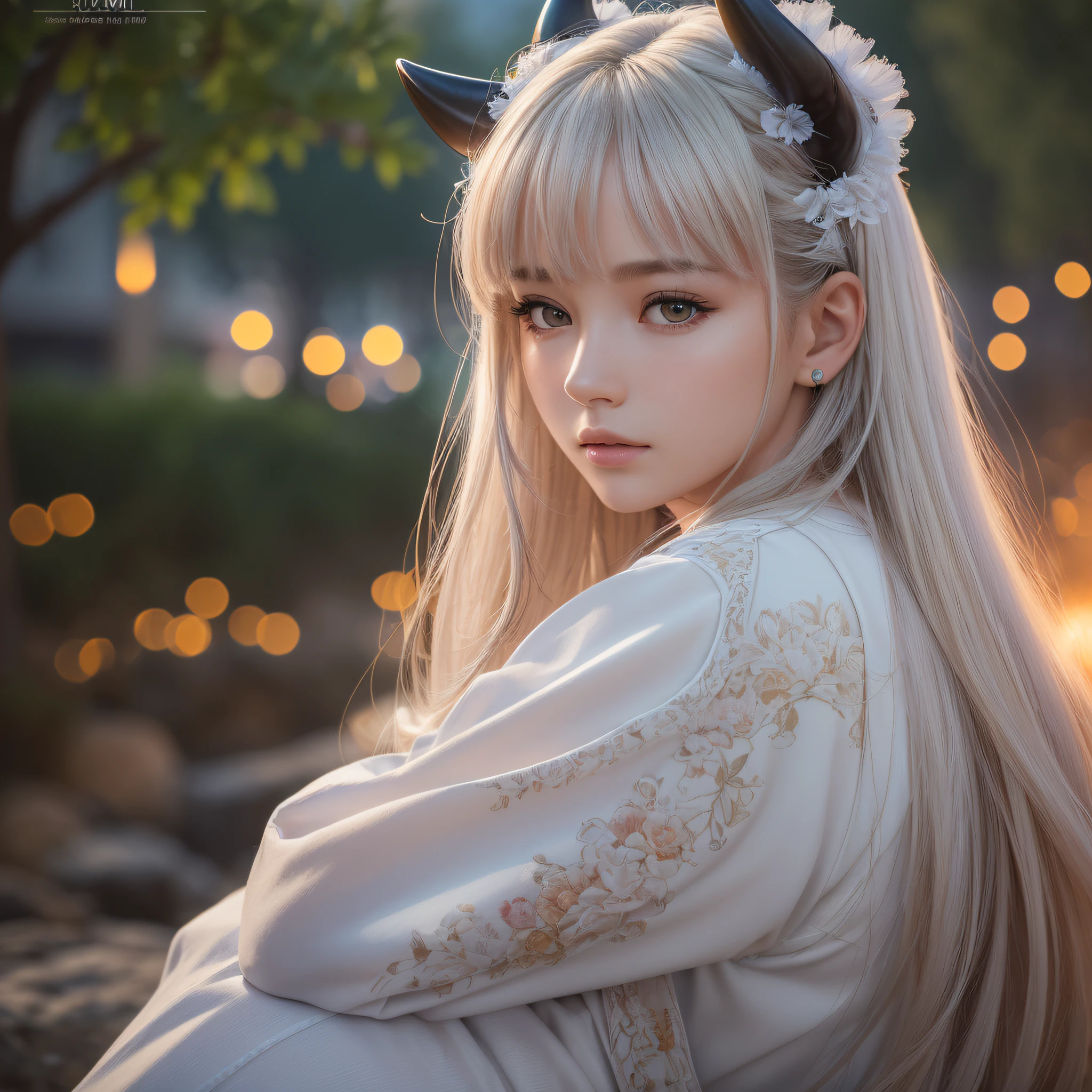 masterpiece, best quality, 4k resolution, outdoors, official, photograph, portrait, from the side, (realistic, ultrarealism, photo-realism:1.4), detailed background, detailed face, detailed eyes, looking at viewer, nighttime, sunset, JuriMS , sfiv, hair horns, white baggy pants, bangs, soft lighting, resting --auto --s2