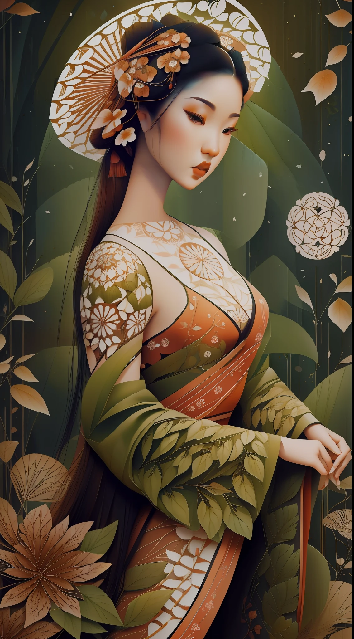 1sexy geisha girl with forest clothes, flowers, leaves, glossy hair (background: mandalas, fractal), ankymoore
