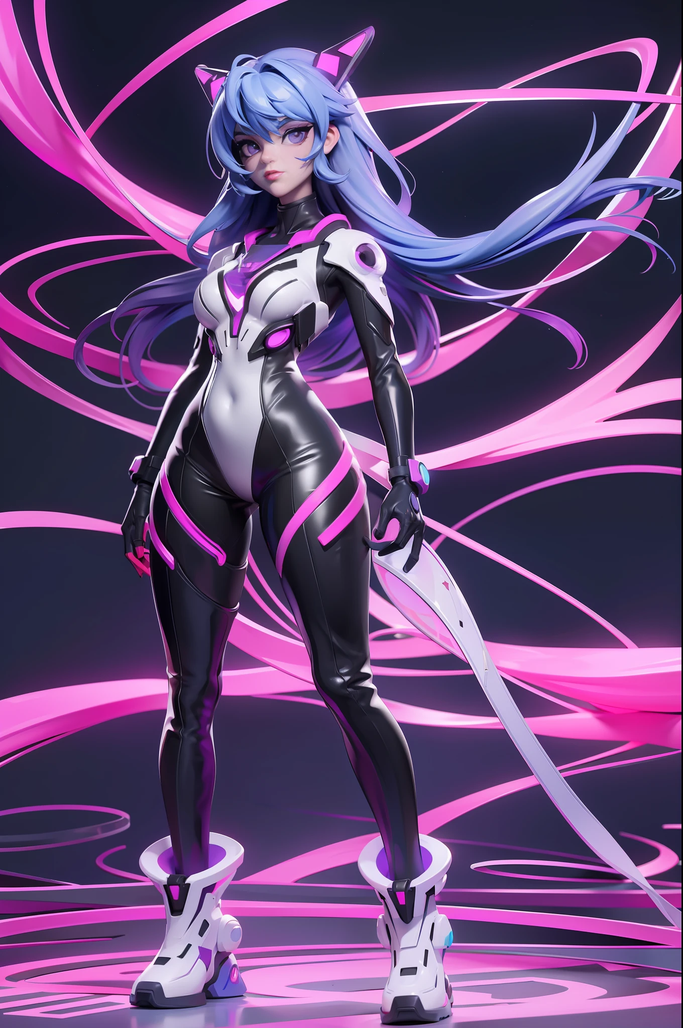 full body picture Unreal Engine 5 8K UHD of beautiful women, wearing evangelion plug suit, half face cyberpunk mask, futuristic neck collar, beauty makeup, violet neon light details, best quality, masterpiece