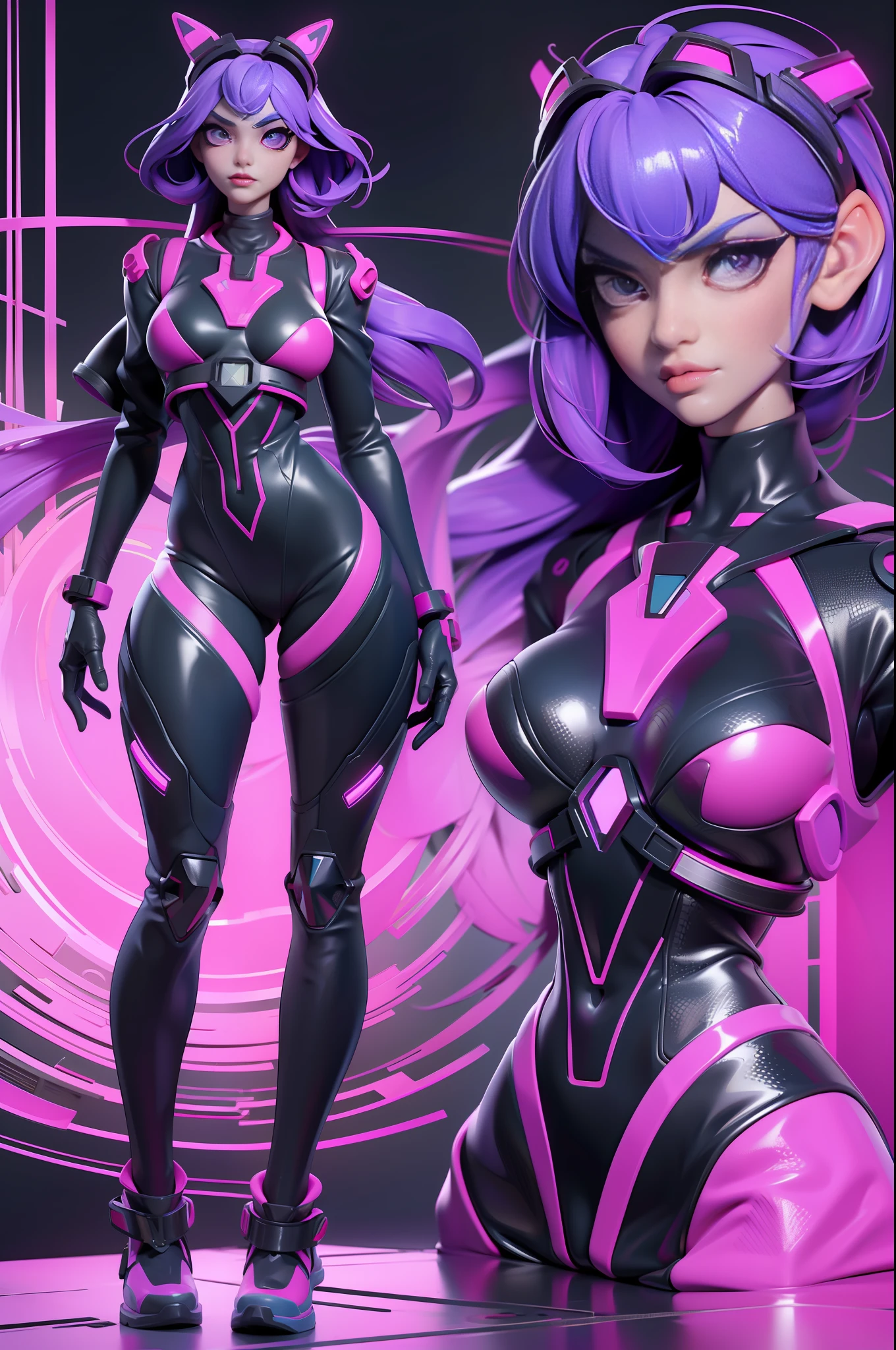 full body picture Unreal Engine 5 8K UHD of beautiful women, wearing evangelion plug suit, half face cyberpunk mask, futuristic neck collar, beauty makeup, violet neon light details, best quality, masterpiece