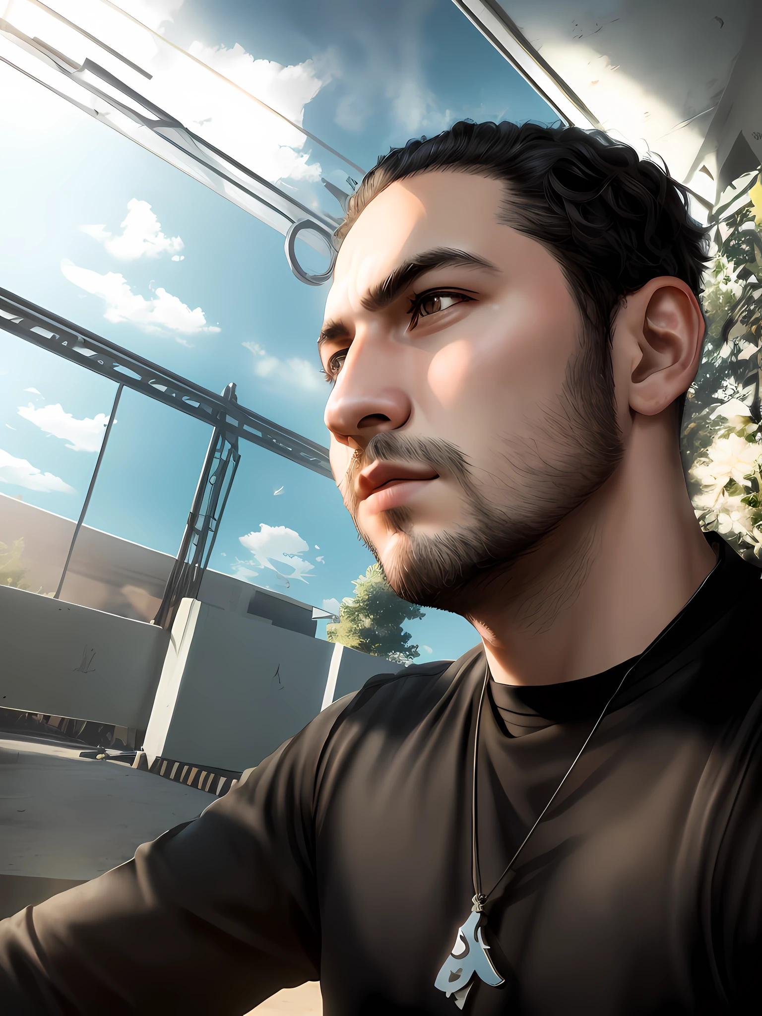 20 year old boy with a black shirt and a necklace around his neck, looking away from the camera, , nice afternoon lighting, short hair, black hair, curly hair, beard made of light, perfection, extreme detail, HDR (High Dynamic Range),Ray Tracing,NVIDIA RTX,Super-Resolution,Unreal 5,Subsurface Dispersion, PBR Texture, Post-processing, Anisotropic filtering, Depth of field,  Maximum clarity and sharpness, Multilayer textures