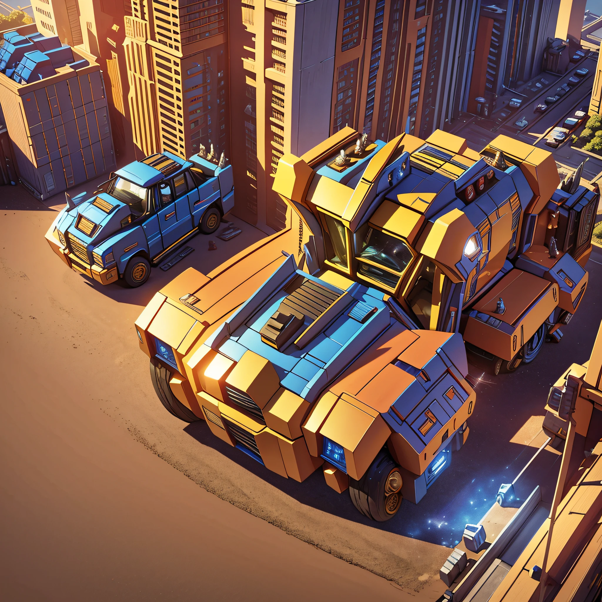 "Transformers, Autobots logo in heroic poses, highly-detailed transformable vehicle details, including Optimus Prime and Bumblebee, all in ultra-high resolution CG with the best illumination and shadow."