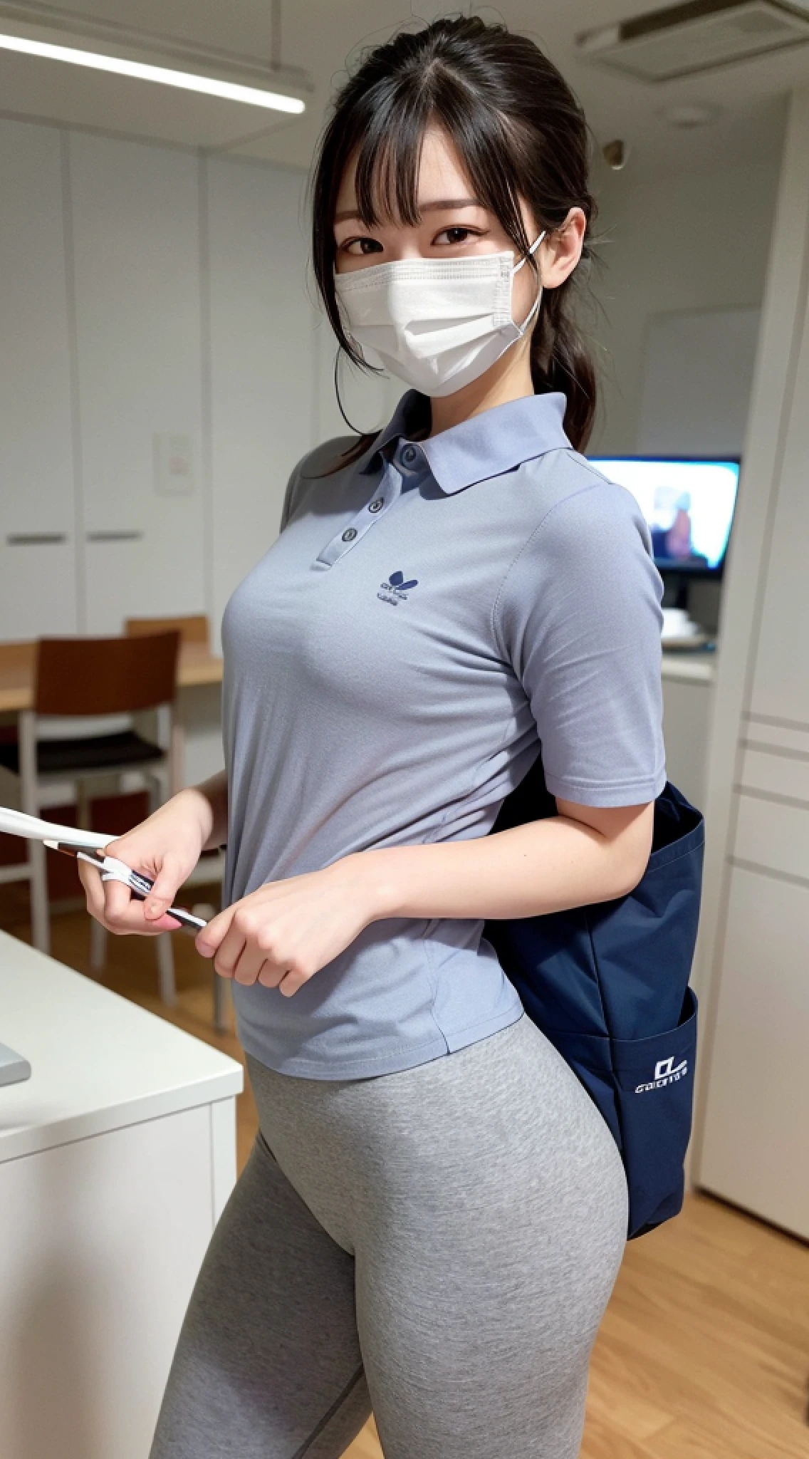 (8k: 1.27), top quality, masterpiece, super high definition: 1.2) Cute Japan woman photo, 31 years old, medium hair tied back, (tight navy polo shirt: 1.2), (light gray sports leggings: 1.5), serious expression, sexy body, plump body, mask, shot in the operating room, full body image, surgical gloves, (small eyes: 1.5), dark eye makeup, Ecchi ass
