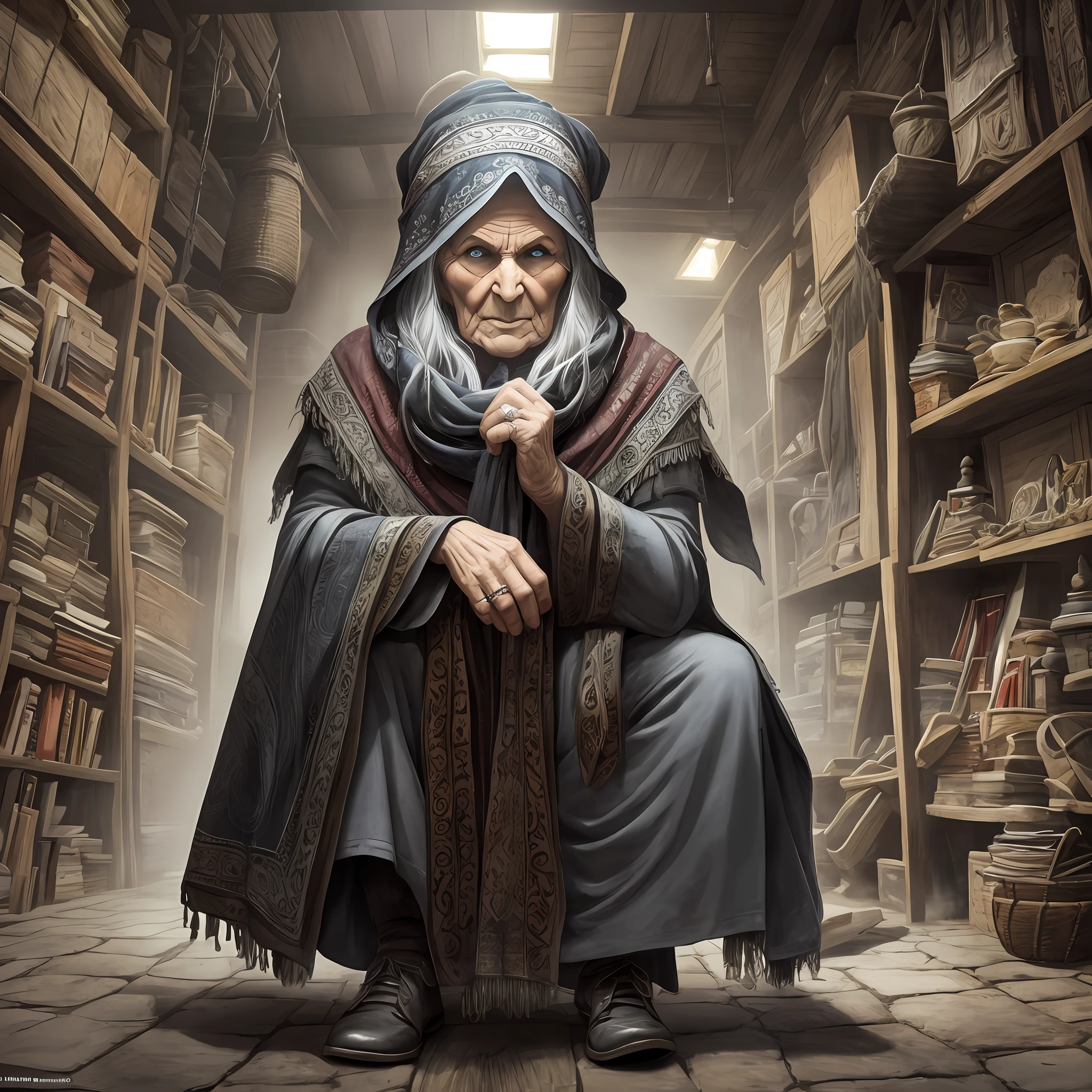 Computer graphics, three-dimensional drawing, gloomy shadows, Akaarel, Damon Hellenbrand, drawing, ultradetalized portrait, realistic fantasy, cgsociety, neal adams, witch, Baba Yaga is usually depicted as a large hunchbacked old woman with gray eyes, a large, long, hunchbacked and hooked nose, a powerful hairy chin, Sometimes they say about her "nose has grown into the ceiling." Her bony leg is also often mentioned. But what this means is not entirely clear, but it may indicate her connection to the underworld. In the popular print, she is dressed in an old gray plash, an old scarf, bast shoes and trousers are wrapped around her head, there is no emphasis on Baba Yaga's clothes, the exact anatomy of the hands, conjuring, a troll's mestizo