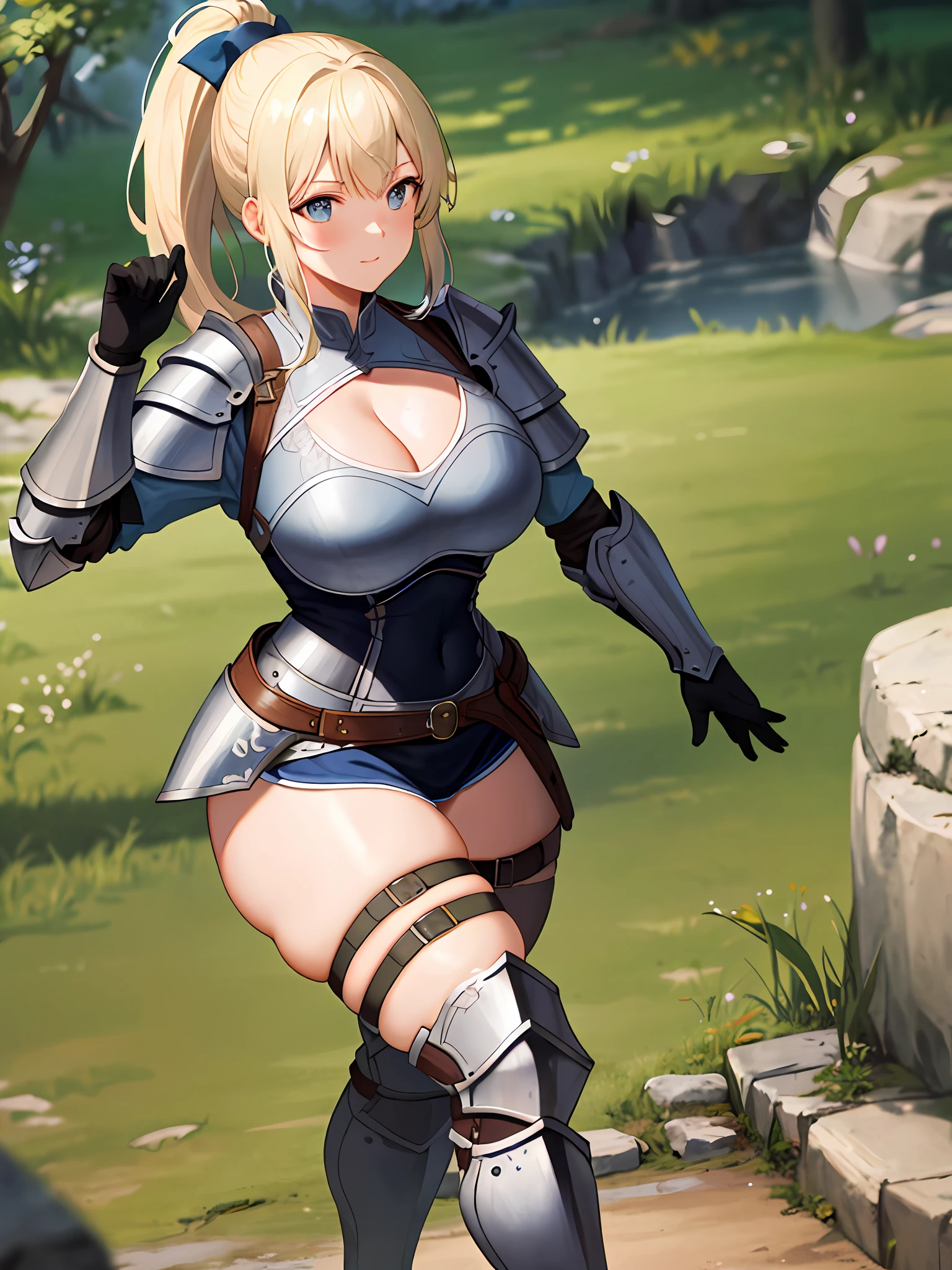 ((masterpiece, best quality)), (1girl), ((mature female)), big tits, ponytail, ((wearing armor)), cleavage, curvaceous, wide ass, thick thighs, navel, thigh straps, boots , hold sword, sword fighting stance, outdoors, adventurer, knight, forest, dungeon background, nature, medieval, reflected light, ray tracing, delicate background, looking at viewer, cowboy shooting,