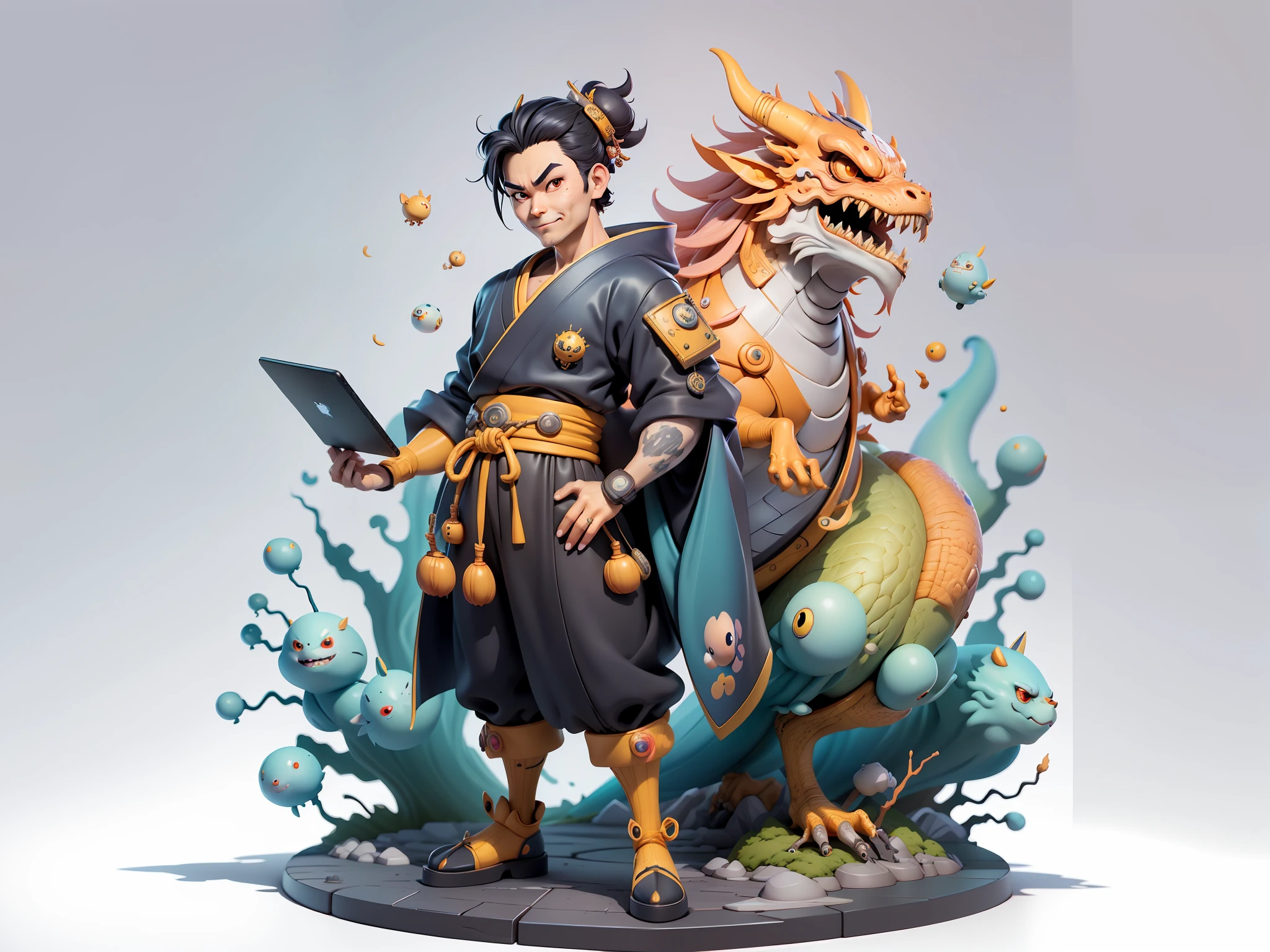 (Masterpiece), (Excellent), (Super Meticulous), (Full Body: 1.2), Super Young Woman, Japanese Female Geisha, Beautiful, Chinese Dragon, Sexy, Bursting, Oriental Face, TV Anchor, Bust Portrait Illustration, Alone, Black Suit, Blue Tie, Slightly Chubby Face, Very Clean Face, No Beard, Black Super Short Hair, Black Eyes, Confident Smile, 3c Computer Sub-Products, iPad, iPhone, Digital Painting, 3D Character Design by Mark Clairen and Pixar and Hayao Miyazaki and Akira Toriyama, The illustration is a high-definition illustration in 4K resolution with very detailed facial features and cartoon-style visuals.