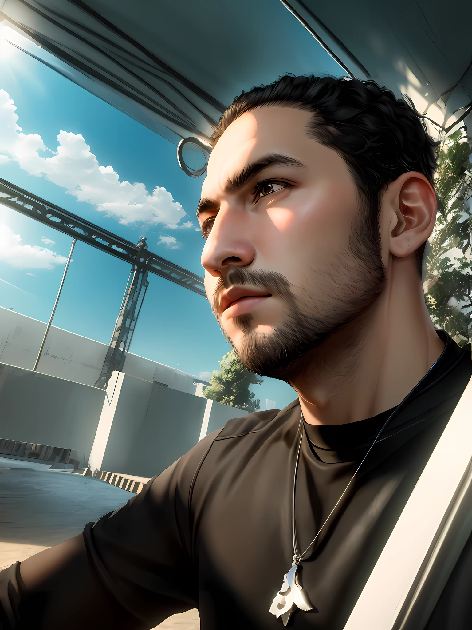 20 year old boy with a black shirt and a necklace around his neck, looking away from the camera, , nice afternoon lighting, short hair, black hair, curly hair, beard made of light, perfection, extreme detail, HDR (High Dynamic Range),Ray Tracing,NVIDIA RTX,Super-Resolution,Unreal 5,Subsurface Dispersion, PBR Texture, Post-processing, Anisotropic filtering, Depth of field, Maximum clarity and sharpness, Multilayer textures