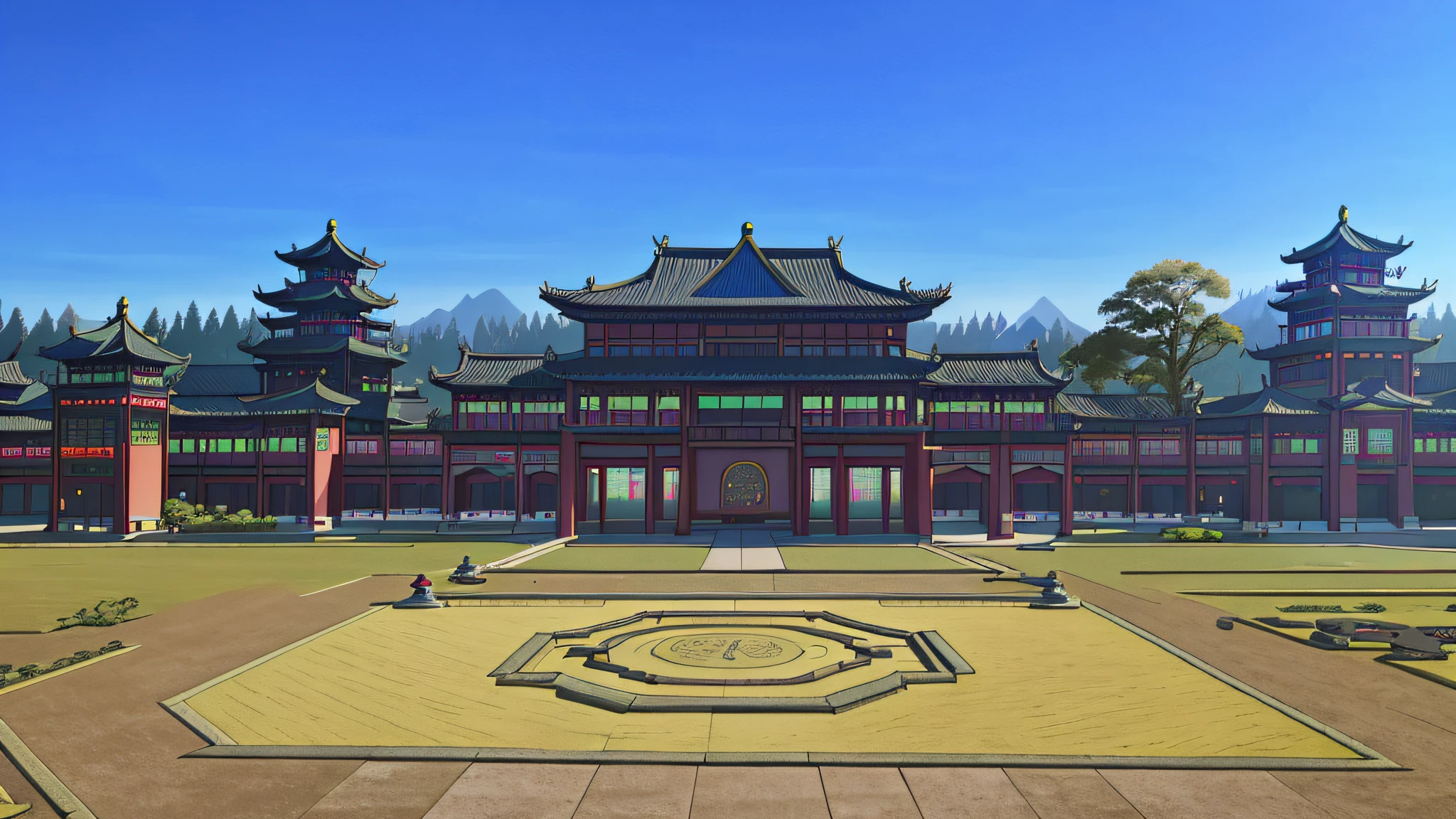 Competition field, high-definition panoramic picture, Tang Dynasty palace with clock on the front, antique Chinese architecture, temples and monks, Taoist churches, cyberpunk elements, wide courtyard, panoramic landscape, epic scenes, Tang Dynasty style, no humans