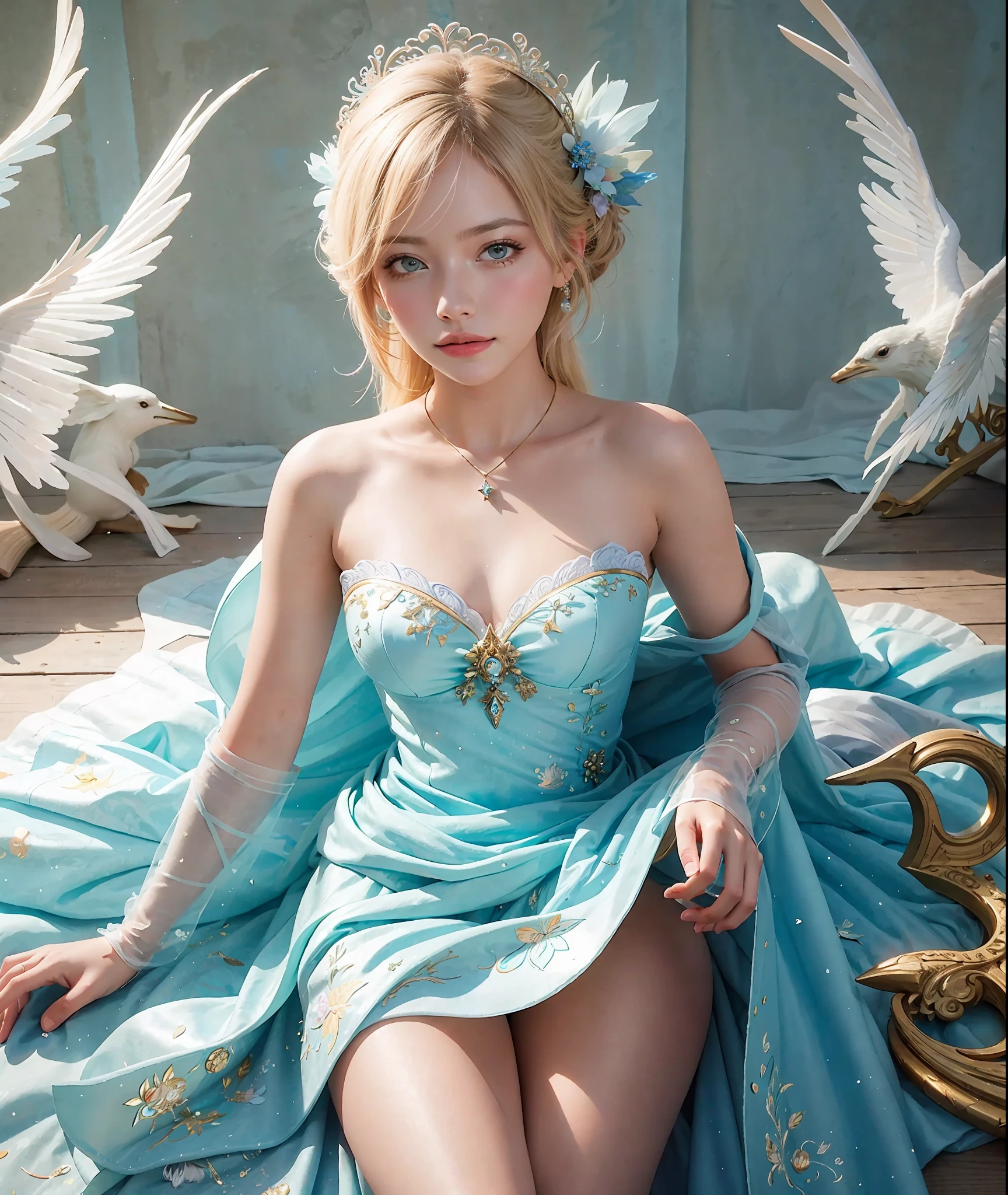 a photography, HD,, photo, woman, beautiful dress ornate, mdjrny-v5, style portrait of a gorgeous blond female in the style of stefan kostic, realistic, half body shot, sharp focus, 8 k high definition, insanely detailed, intricate, elegant, art by stanley lau and artgerm, extreme blur flames background, Princess girl with wing, Blue, Pastel, glitter, dramatic, dreamy, pastel, Watercolor, Whimsical, Delicate, seashell crown, Trending on Artstation, Highly detailed, Intricate, Portrait, digital painting, Fantasy theme, Fantasy robes, Fantasy concept art, Fantasy character art, Smug, Teenage girl, perfect body, full body, dreamy, pastel, Watercolor, Whimsical, Delicate, seashell crown masterpiece, 8k, perfect lighting, , adult, female, cowboy shot, looking at viewer, cinematic lighting, Fawn