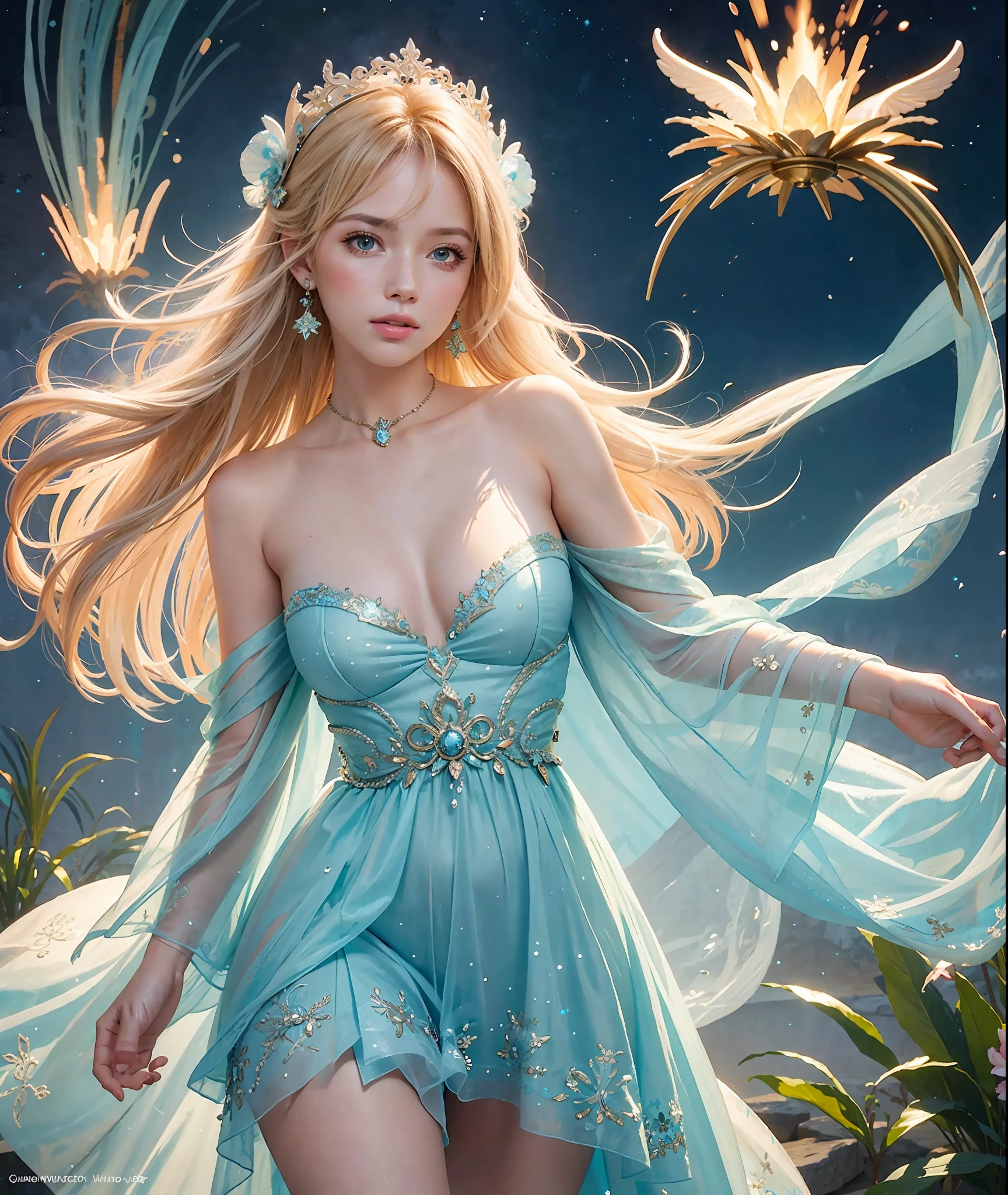 a photography, HD,, photo, woman, beautiful dress ornate, mdjrny-v5, style portrait of a gorgeous blond female in the style of stefan kostic, realistic, half body shot, sharp focus, 8 k high definition, insanely detailed, intricate, elegant, art by stanley lau and artgerm, extreme blur flames background, Princess girl with wing, Blue, Pastel, glitter, dramatic, dreamy, pastel, Watercolor, Whimsical, Delicate, seashell crown, Trending on Artstation, Highly detailed, Intricate, Portrait, digital painting, Fantasy theme, Fantasy robes, Fantasy concept art, Fantasy character art, Smug, Teenage girl, perfect body, full body, dreamy, pastel, Watercolor, Whimsical, Delicate, seashell crown masterpiece, 8k, perfect lighting, , adult, female, cowboy shot, looking at viewer, cinematic lighting, Fawn