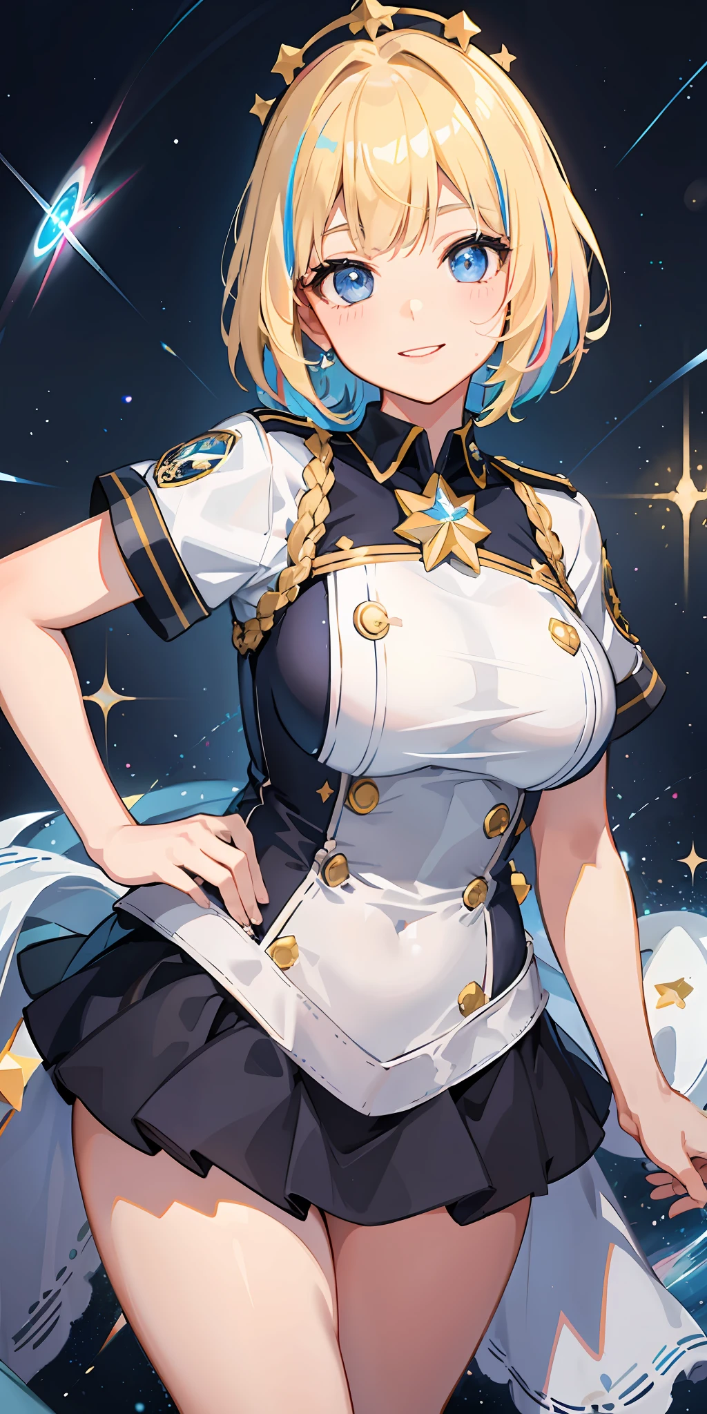 1girl, bright, blonde, light blue eyes, star motif, short hair, uniform bangs, multicolored hair, princess, saleme, side lights, light particles, wallpaper, big, plump, idol, swimsuit, loose fluffy, smile, gentle, clear, loli