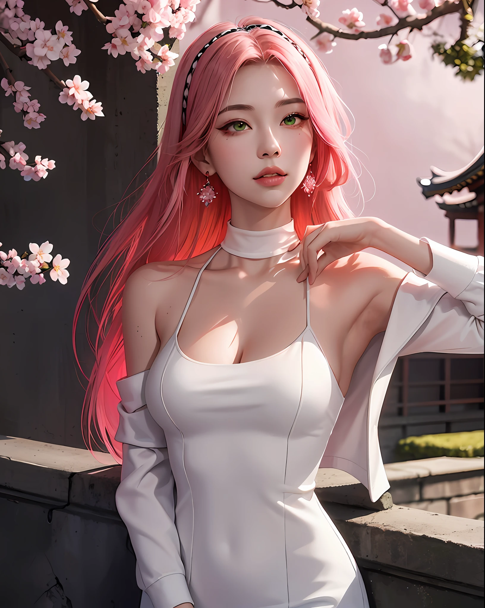 (Masterpiece, Excellent, 1girl, solo, complex details, color difference), realism, ((medium breath)), off-the-shoulders, big breasts, sexy, Yae Miko, long pink hair, red headdress, red highlight, hair above one eye, green eyes, earrings, sharp eyes, perfectly symmetrical figure, choker, neon shirt, open jacket, turtleneck sweater, against the wall, brick wall, graffiti, dim lighting, alley, looking at the audience, ((mean, seductive, charming)), ((cherry blossom background ))),((Japanese temple background)))), (((Glow-in-the-dark background)))