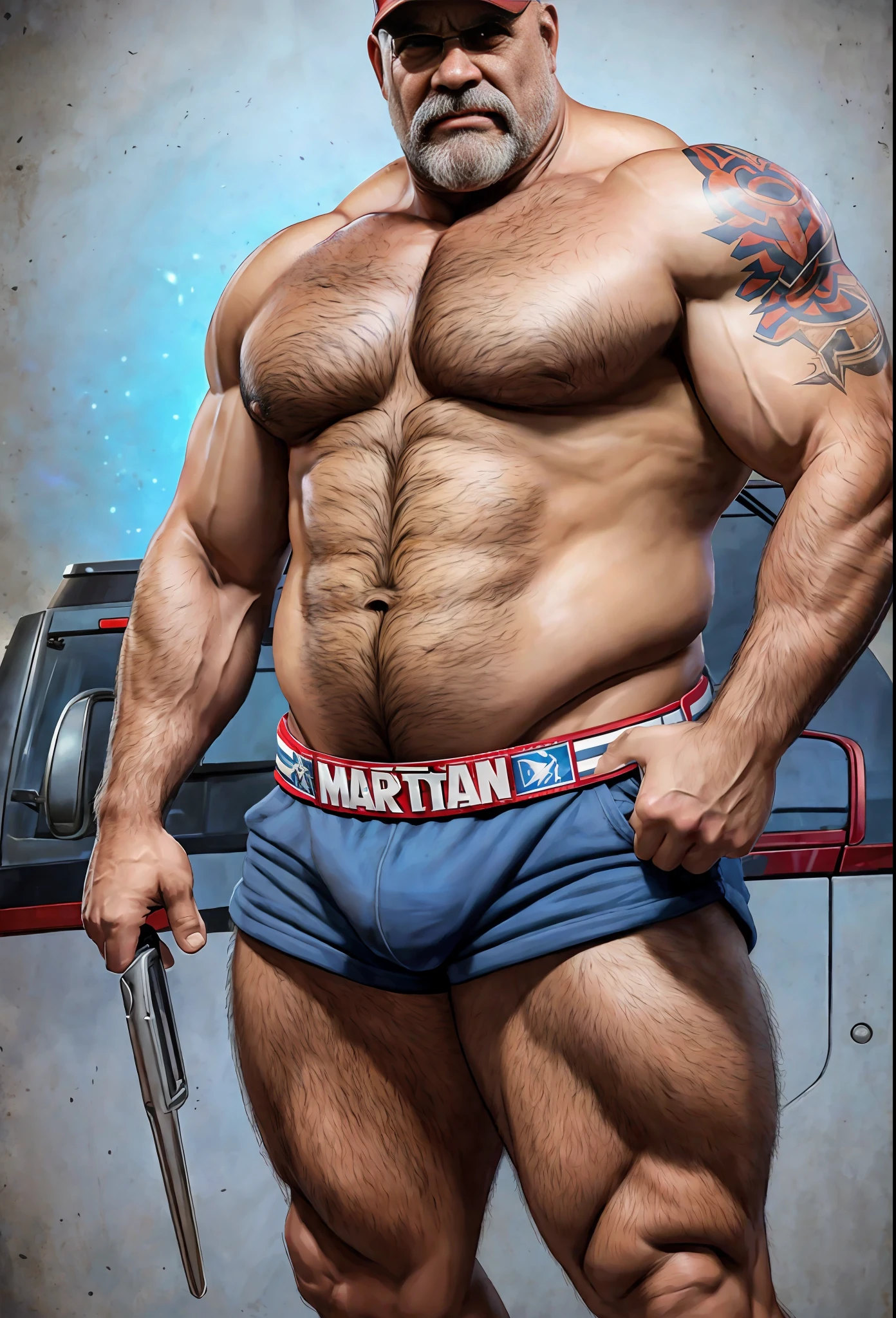 Marvel, A portrait full body photograph A tractive mid age heavy trucker-driver, bald Strong, muscular, hairy big belly bodybuilder, showing very hairy groin area, Realistic, Dynamic Lights, Old, Stubble, Full Shot, Trends on ArtStation, Trends on CGSociety, High Detail, Sharp Focus, Dramatic, Photorealistic Reality --auto --s2
