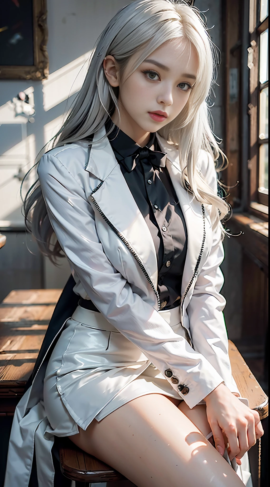 (photogenic, 8k, RAW photo, best quality, masterpiece:1.2), Blazer school uniform, mini skirt, voluptuous body, white hair, sitting at desk, black pants visible through crossed legs, pointing, beautiful face, black underwear, shiny thighs, pure white skin, Japan, school girl, realistic