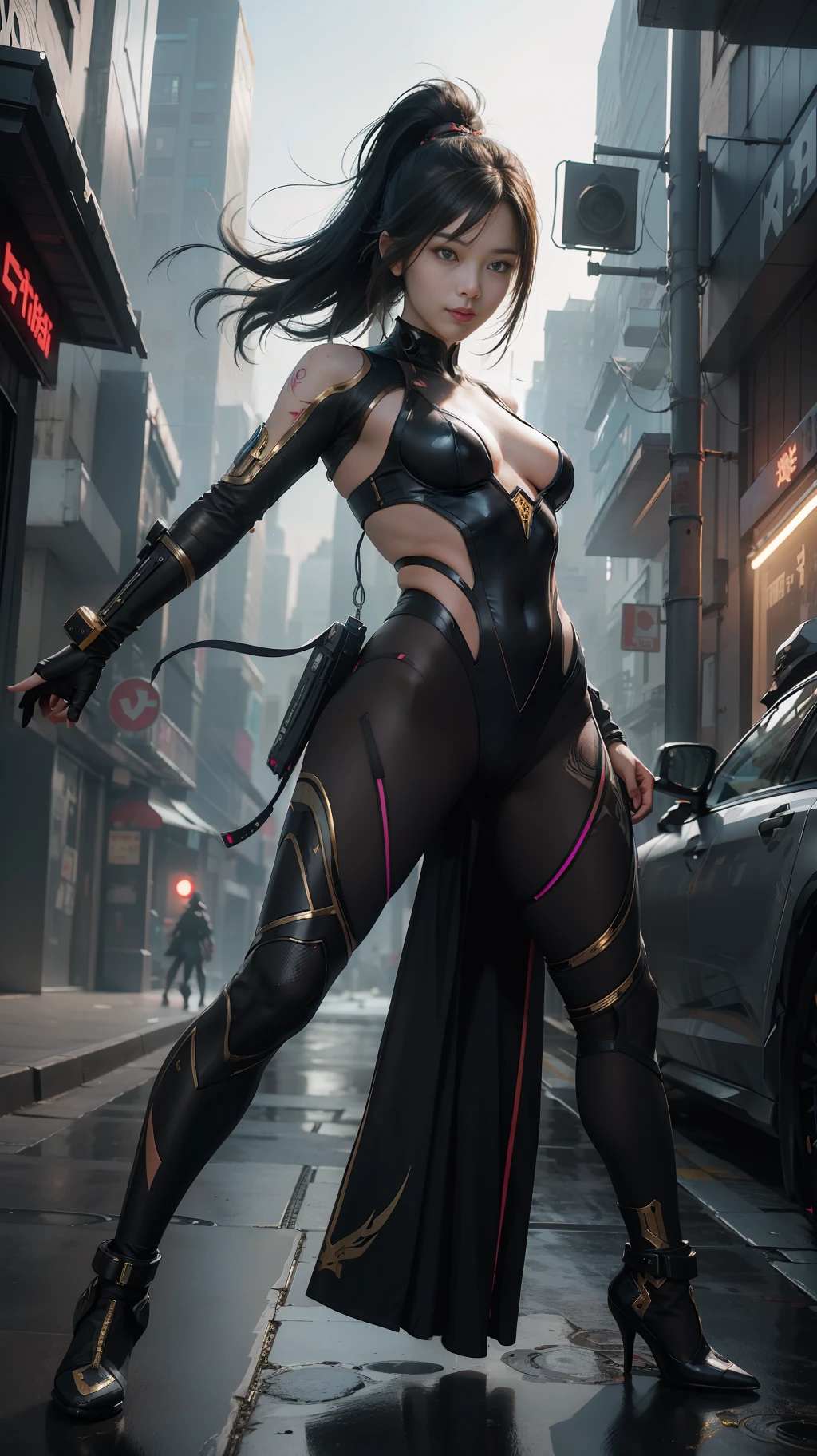 Beautiful hyperrealistic full body photograph of cute smiling asian cyberpunk female, shapeless cyberpunk hair, (((dynamic pose))), elegant pose, cyberpunk street background, abstract beauty, near perfection, pure form, Golden Ratio, minimalism, concept art, By Brian Froud and Carne Griffiths and Wadim Kashin, intricate detail, 8k post-production, High resolution, super Detail, trending on ArtStation, sharp focus, studio photos, intricate detail, Very detailed, By Greg Rutkowski
