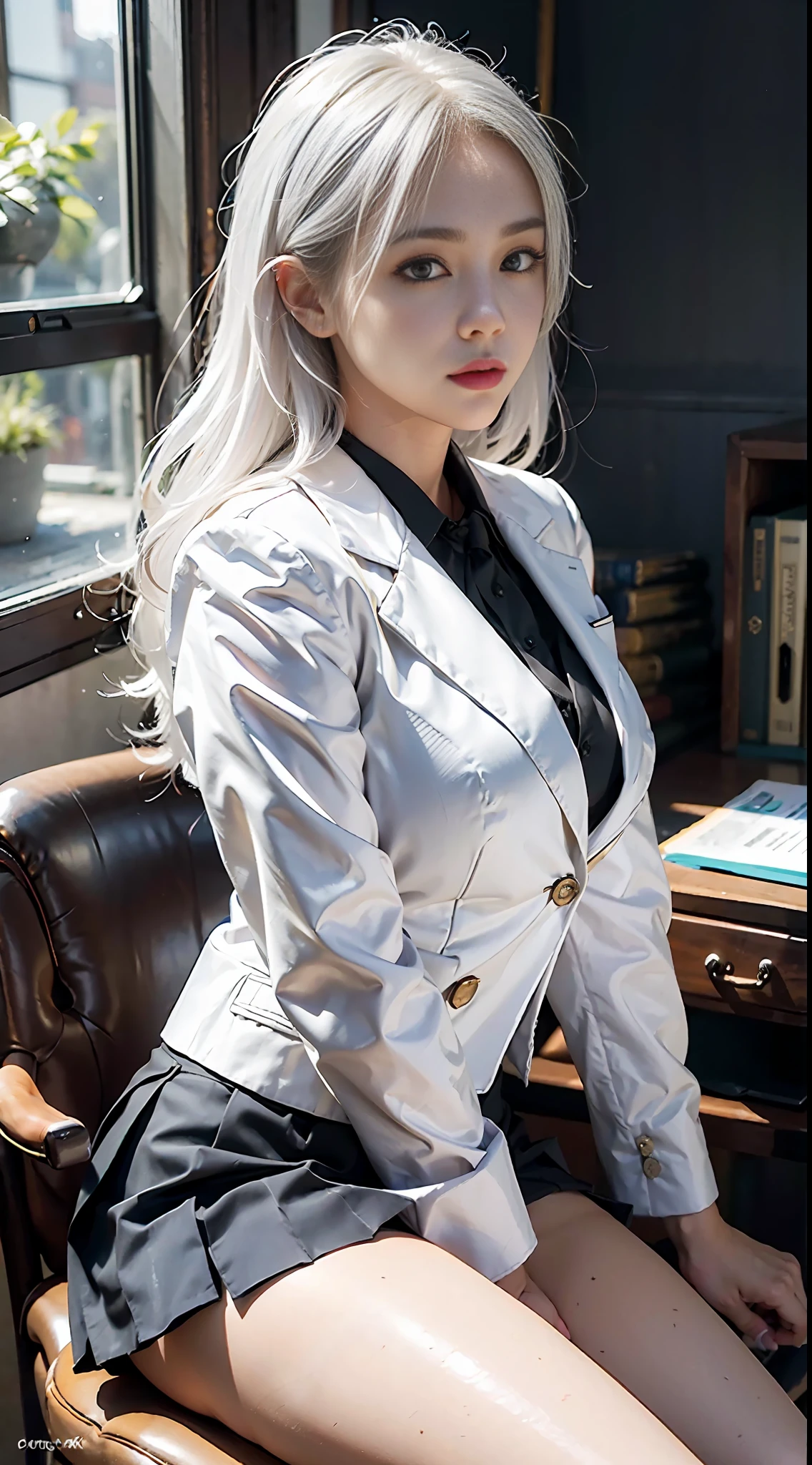 (photogenic, 8k, RAW photo, best quality, masterpiece:1.2), Blazer school uniform, mini skirt, voluptuous body, white hair, sitting at desk, black pants visible through crossed legs, pointing, beautiful face, black underwear, shiny thighs, pure white skin, Japan, school girl, realistic