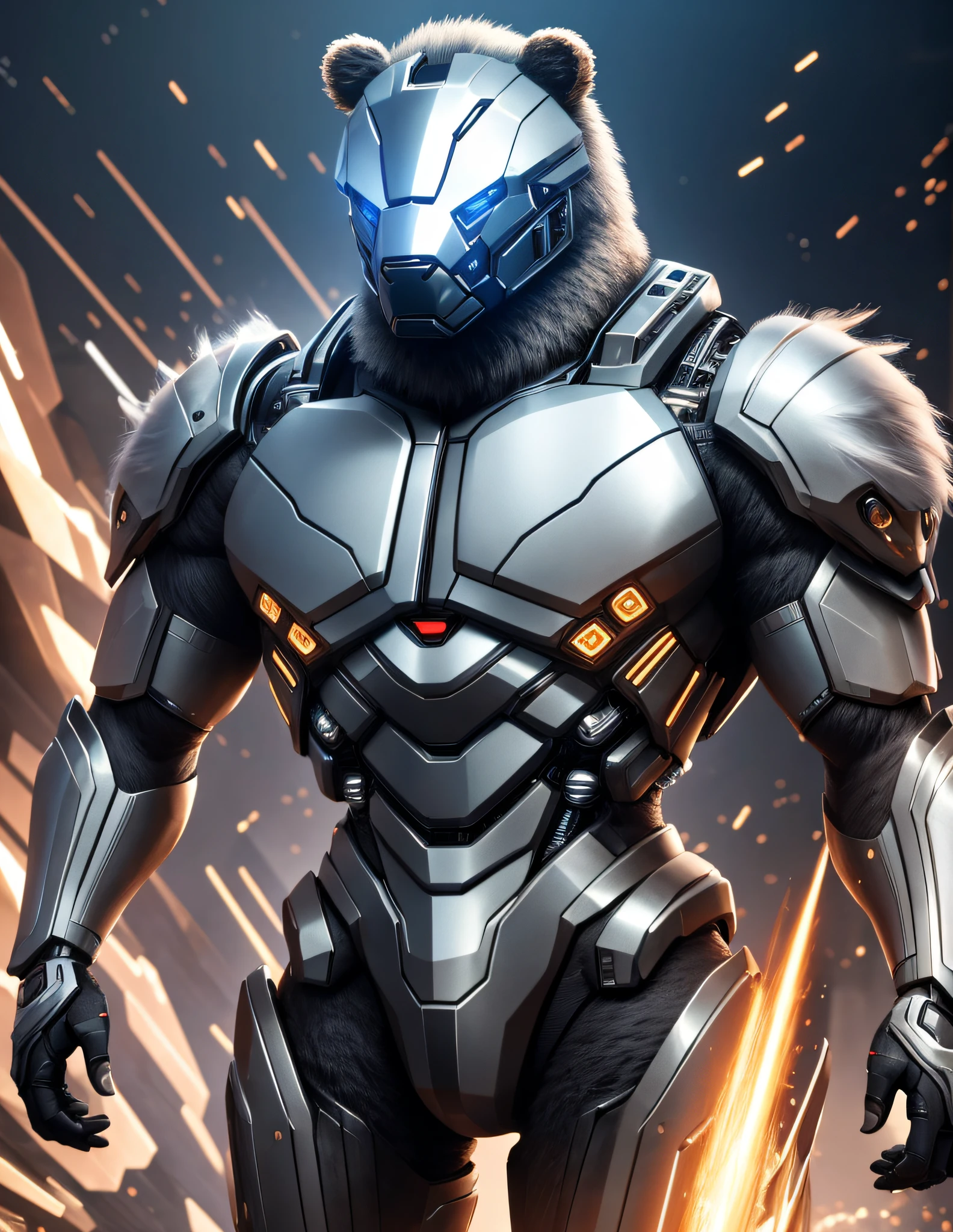 "((Masterpiece)), exceptional quality, stable diffusion model, cyborg creature with downy fur, bear theme, ultra-realistic details, 16K wallpaper image, straight 3D full-body perspective."