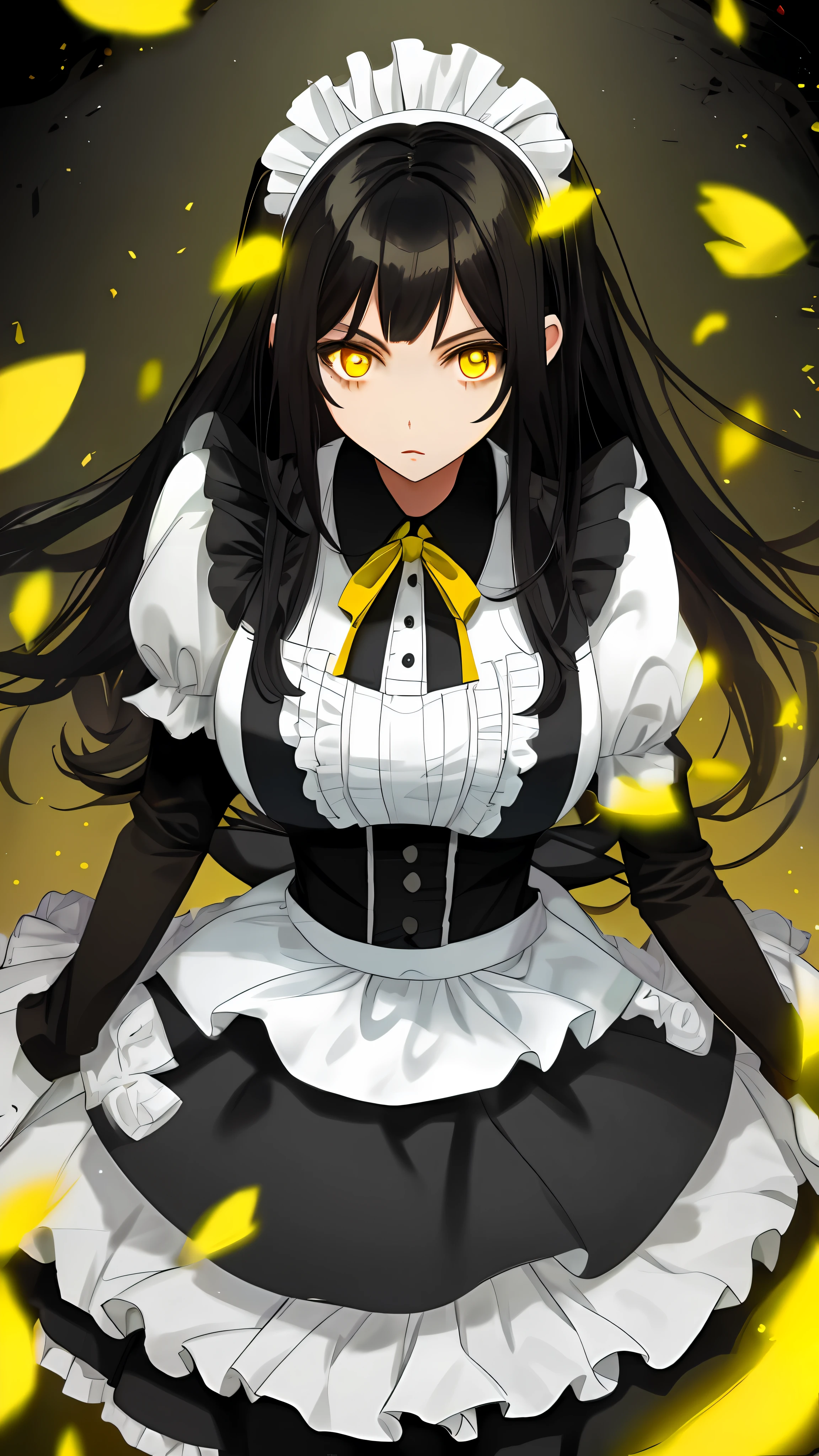Yellow eyes, black hair, maid outfit, 1girl, large breasts, light Expression, 1girl