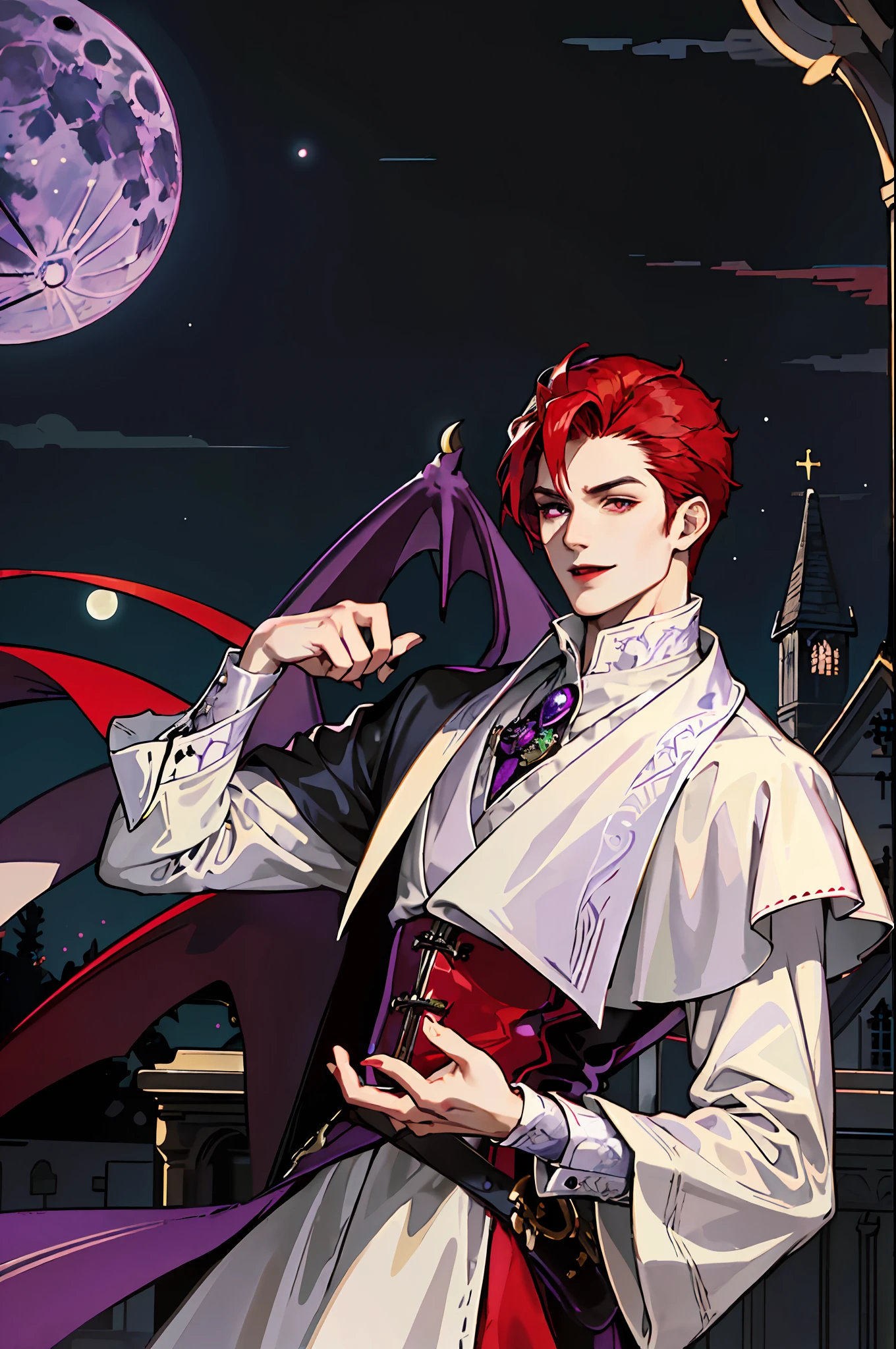 This is what a real Vampire looks like! Antique vampire clothes, elegant, gentlemanly. He is smiling friendly, his red hair is vivid, his red eyes shine against his perfect skin. In the background a purple church window, with moonlight reflecting behind. All this is in a beautiful and dark light, which makes it look amazing。 (High quality: 1.2, Church at night: 1.5, Antique Vampire Clothing: 1.4) (((At night))) (Provocative light, mysterious darkness) (((Violet Moon))) Defined Face) Perfect Hands)