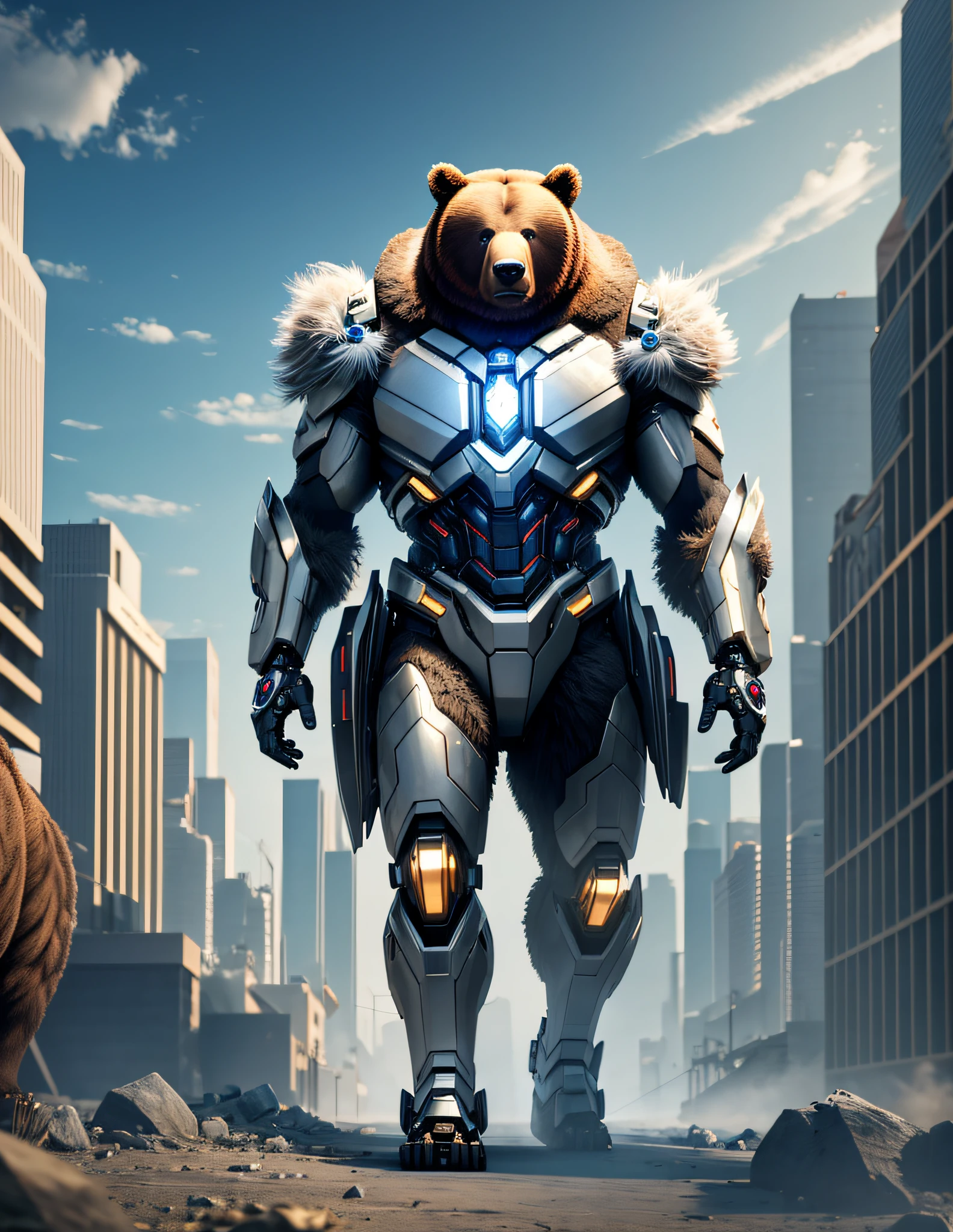 "((Masterpiece)), exceptional quality, stable diffusion model, cyborg creature with downy fur, bear theme, ultra-realistic details, 16K wallpaper image, straight 3D full-body perspective."