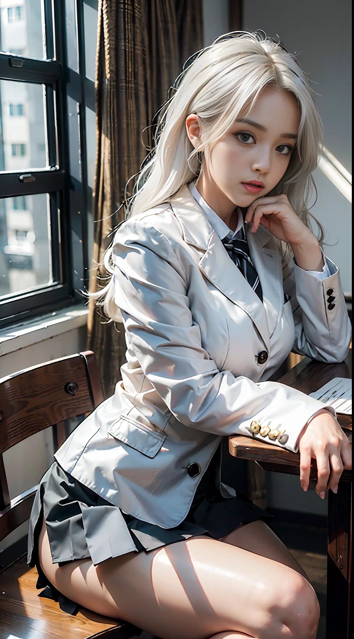 (photogenic, 8k, RAW photo, best quality, masterpiece:1.2), Blazer school uniform, mini skirt, voluptuous body, white hair, sitting at desk, black pants visible through crossed legs, pointing, beautiful face, black underwear, shiny thighs, pure white skin, Japan, school girl, realistic