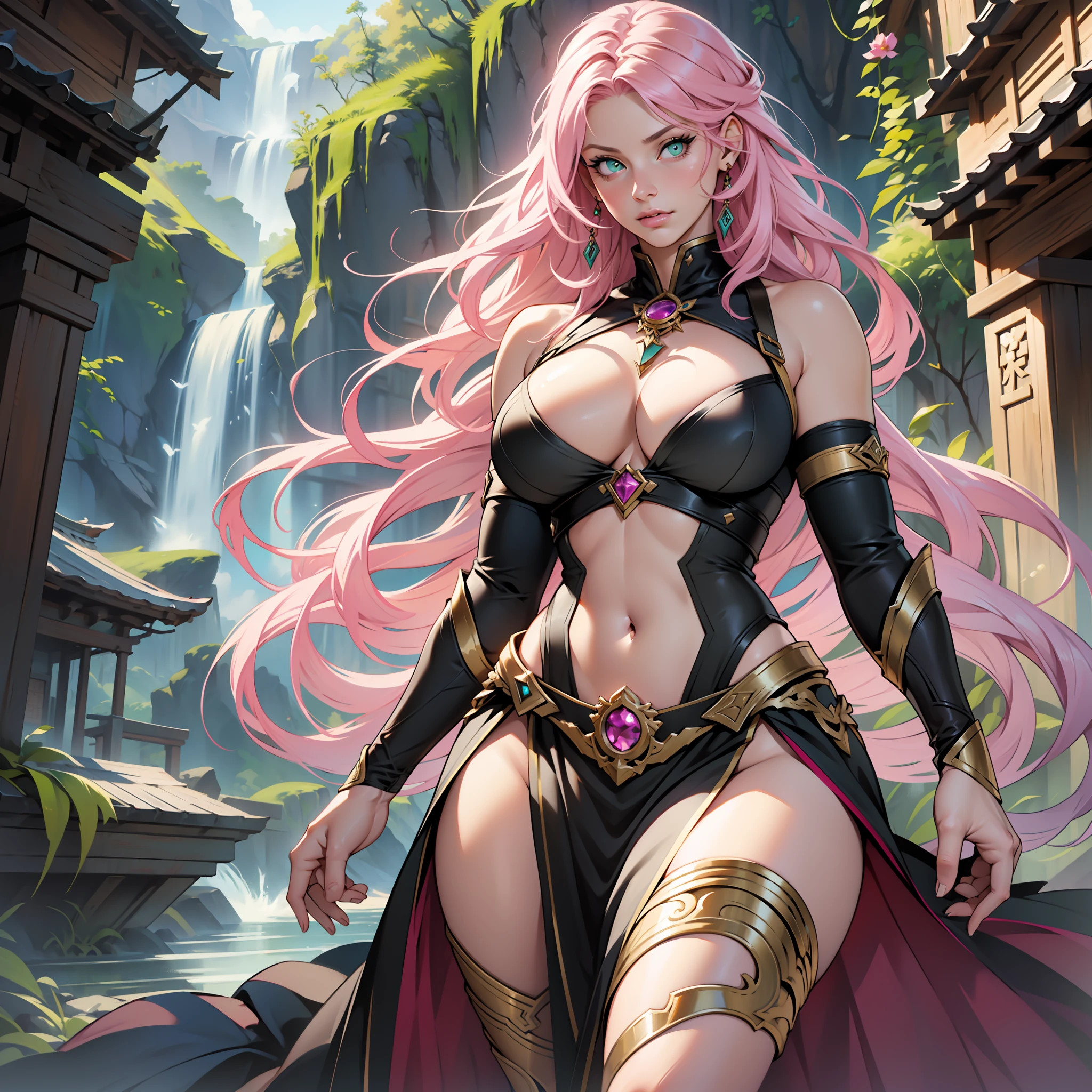 ((realistic: 1.5)),((best quality)), ((masterpiece)),((detailed)), a beautiful woman, pink hair, bright green eyes, focus on face, serious look, long legs, curves, large breasts, cleavage, arcane warrior clothing, wide hips, long eyelashes, temple.