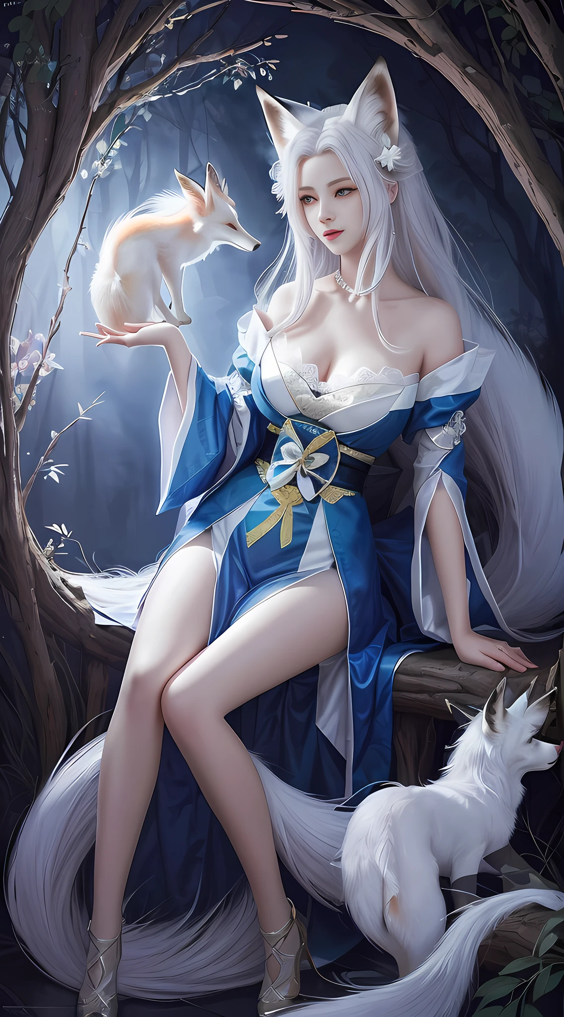 To, masterpiece, beautiful details, colorful, delicate details, delicate lips, complex details, real, ultra-realistic, a girl with white hair fox sitting on a branch: 1.1, big tits, sexy, seductive, ethereal fox, nine-tailed fox, fox three-tailed fox, Onmyoji detailed art, nine tails, beautiful artwork illustration, mythical creatures, foxes, beautiful digital artwork, exquisite digital illustration, mizutsune, inspired by mythical creatures wildnet, pixiv On digital art, bright light, high contrast, horror movie theme, dark atmosphere