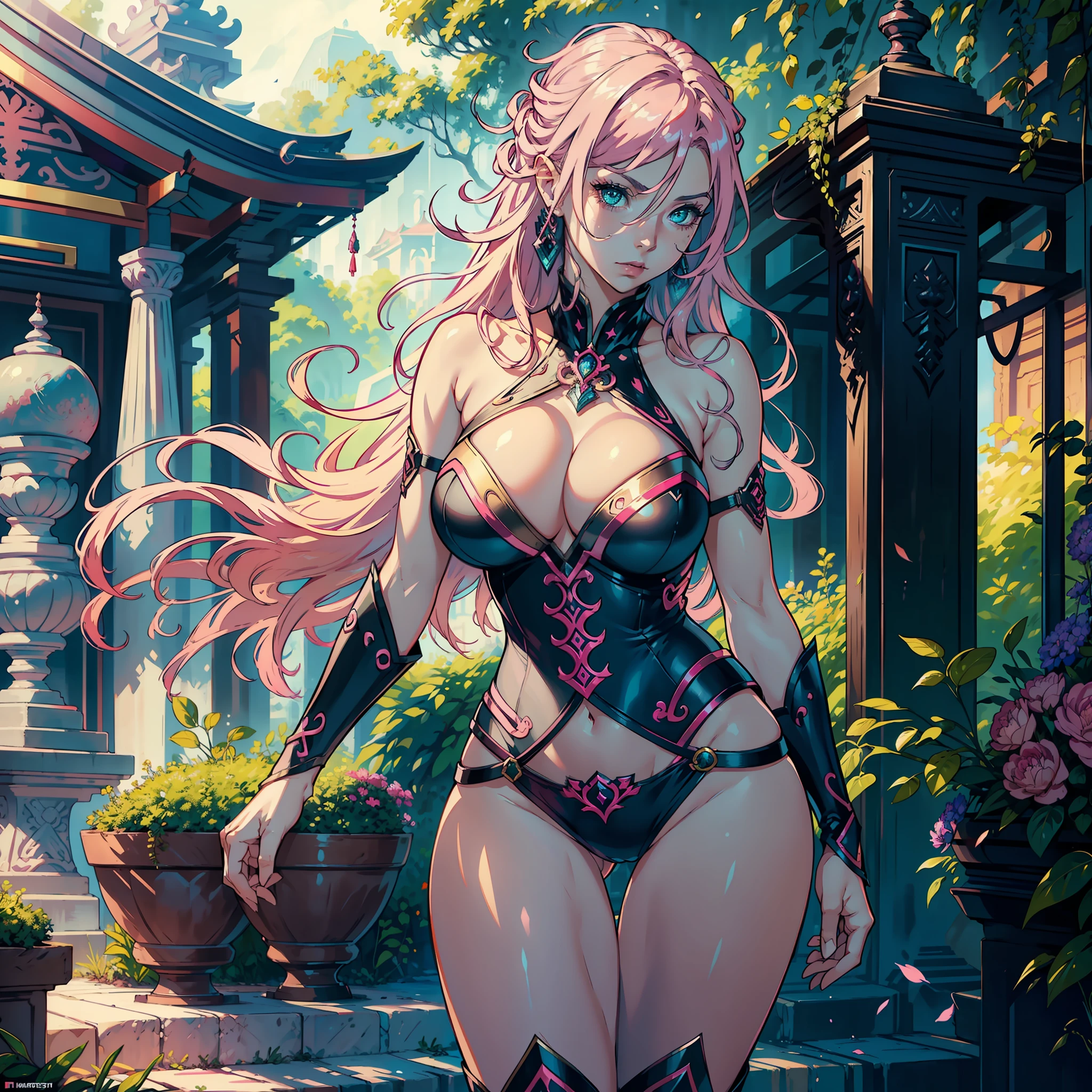 ((realistic: 1.5)),((best quality)), ((masterpiece)),((detailed)), a beautiful woman, pink hair, bright green eyes, focus on face, serious look, long legs, curves, large breasts, cleavage, arcane warrior clothing, wide hips, long eyelashes, temple.
