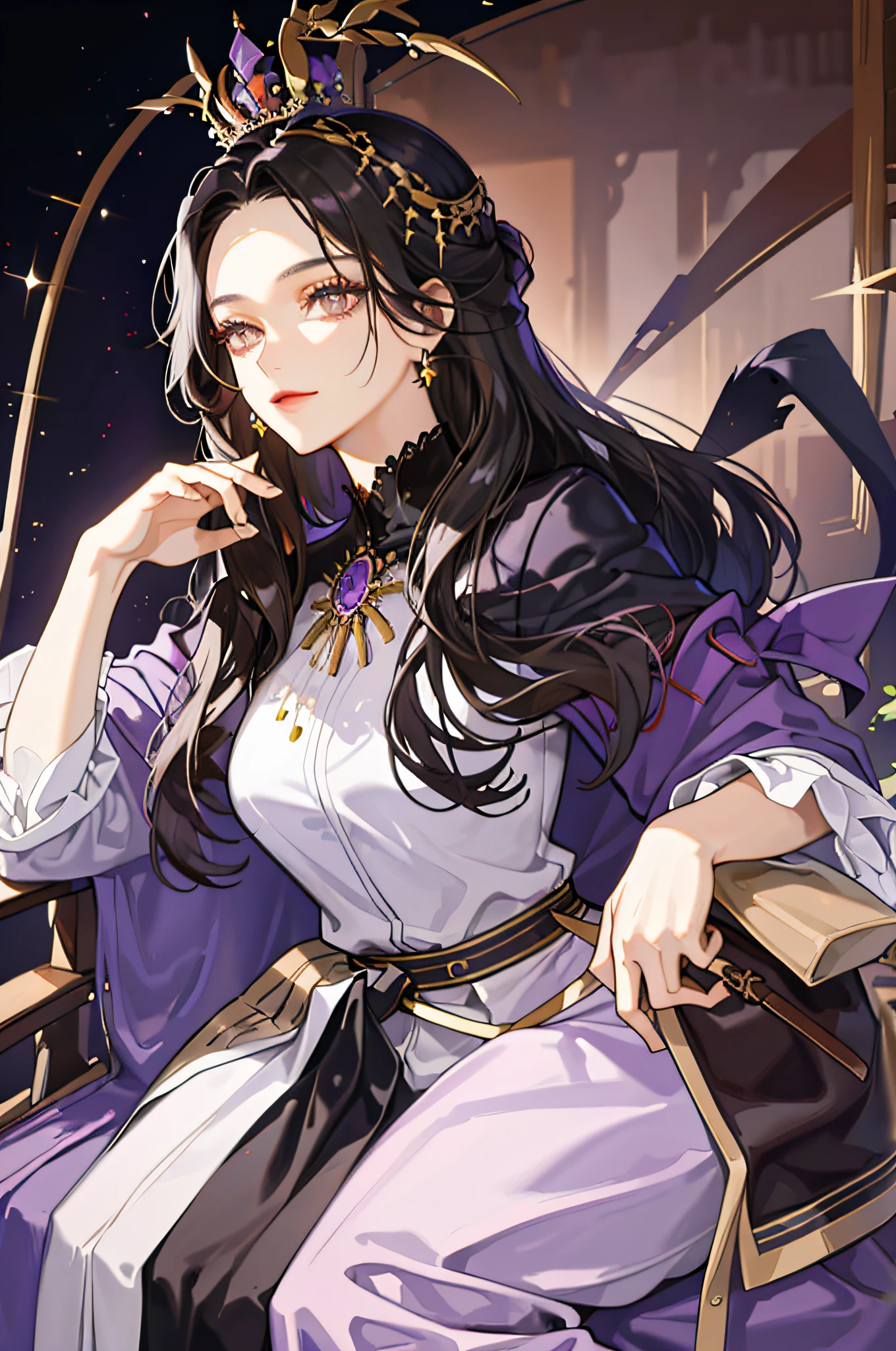 ((Masterpiece: 1.2, highest quality)), 1 woman, long black hair, brown eyes (gorgeous: 1.4), purple robe, fantasy, elegant, royalty, fantastic light and shadow, highly detailed face, strong woman, fortuneteller