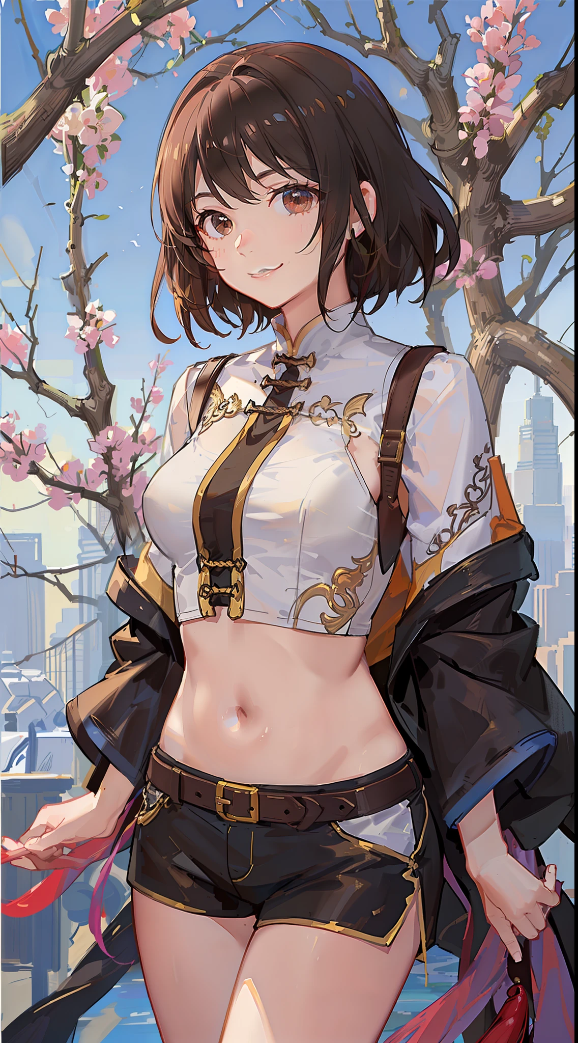 Young girl, short brown hair, brown eyes, Chinese clothes, shorts, smile, masterpiece, high quality, open belly