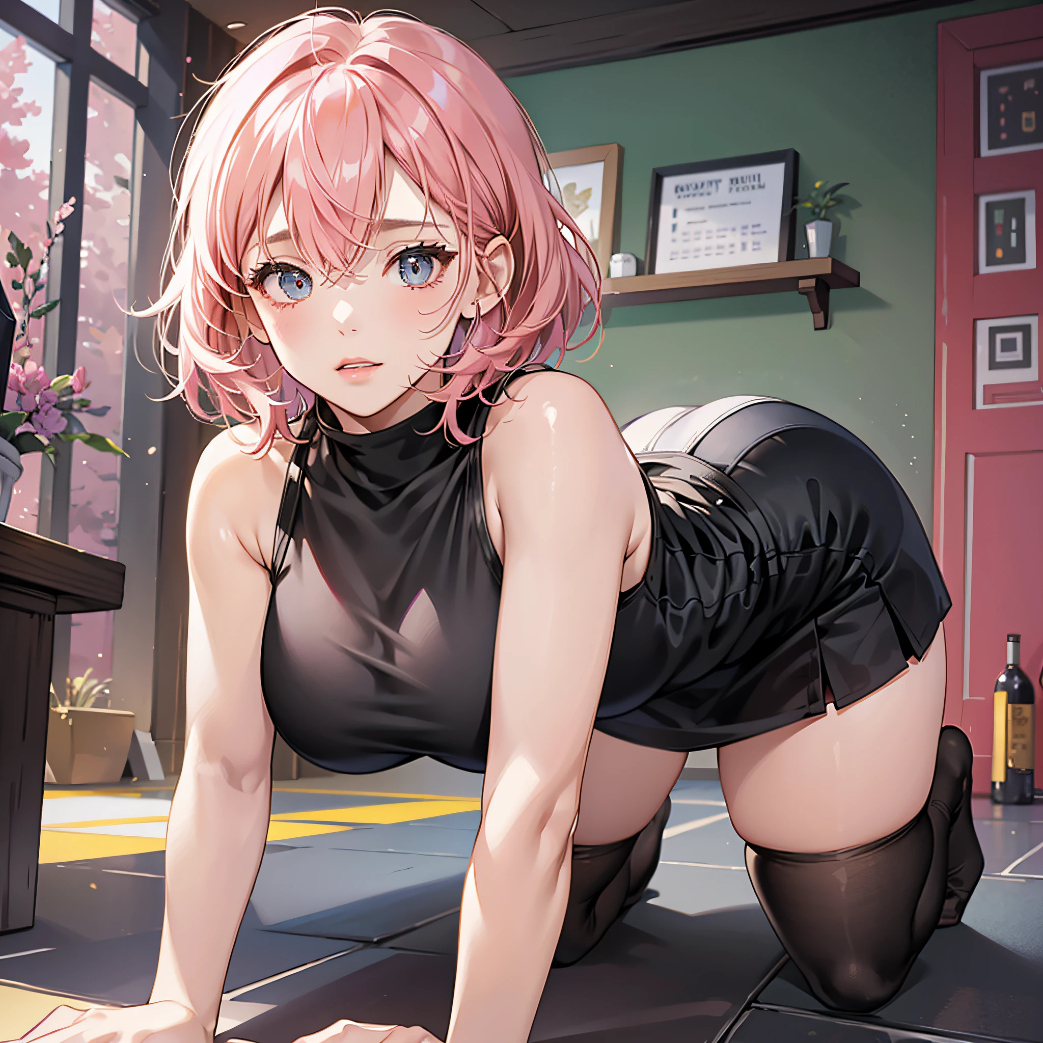 High school girl, short pink hair, bangs cover one eye, droopy eyes, big breasts, thick thighs, black tights (sleeveless, high neck, high leg), girl on all fours, bangs cover one eye --auto --s2