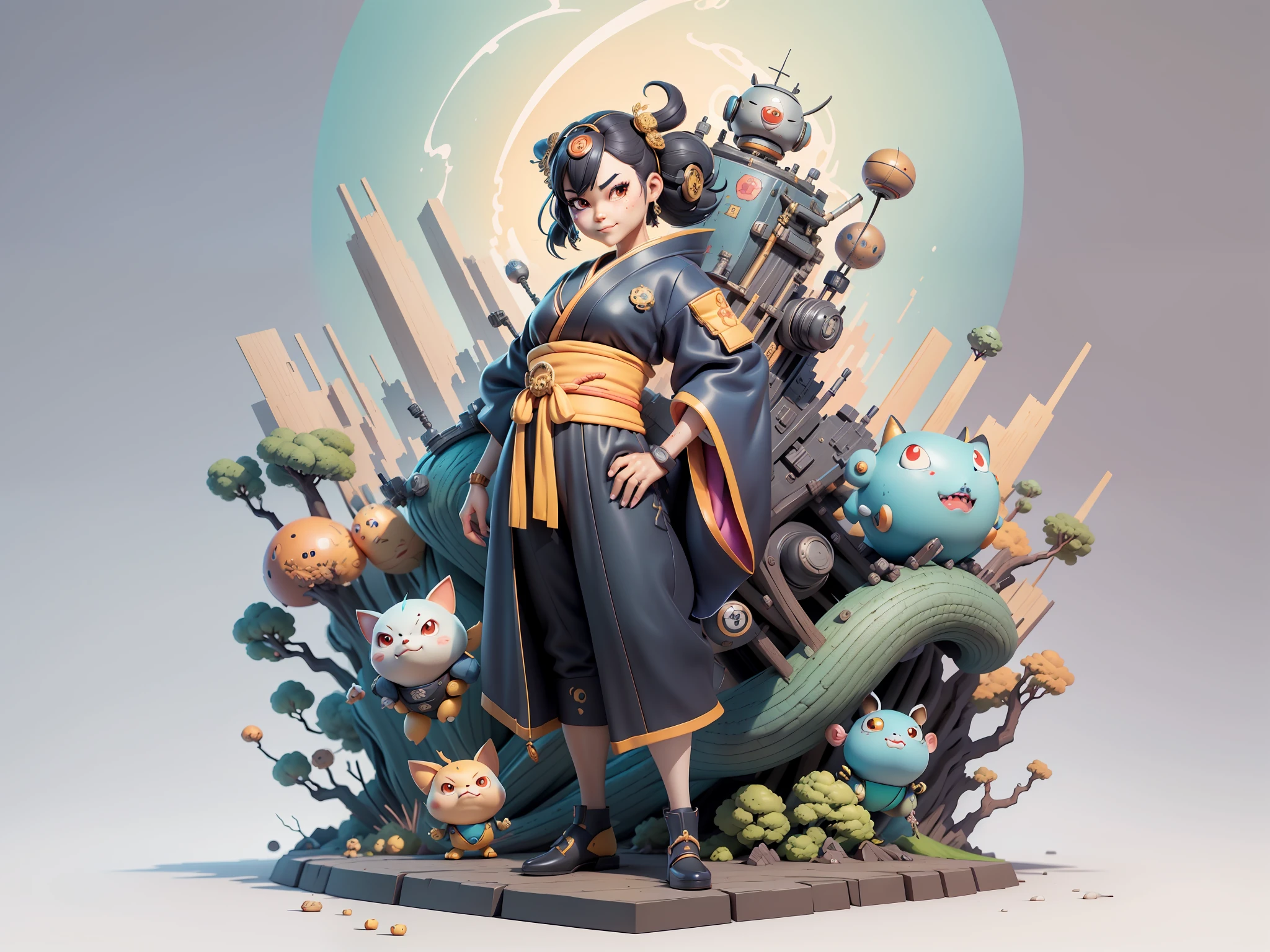(Masterpiece), (Excellent), (Super Meticulous), (Full Body: 1.2), Super Young Woman, Japanese Female Geisha, Beautiful, Chinese Dragon, Sexy, Bursting, Oriental Face, TV Anchor, Bust Portrait Illustration, Alone, Black Suit, Blue Tie, Slightly Chubby Face, Very Clean Face, No Beard, Black Super Short Hair, Black Eyes, Confident Smile, 3c Computer Sub-Products, iPad, iPhone, Digital Painting, 3D Character Design by Mark Clairen and Pixar and Hayao Miyazaki and Akira Toriyama, The illustration is a high-definition illustration in 4K resolution with very detailed facial features and cartoon-style visuals.