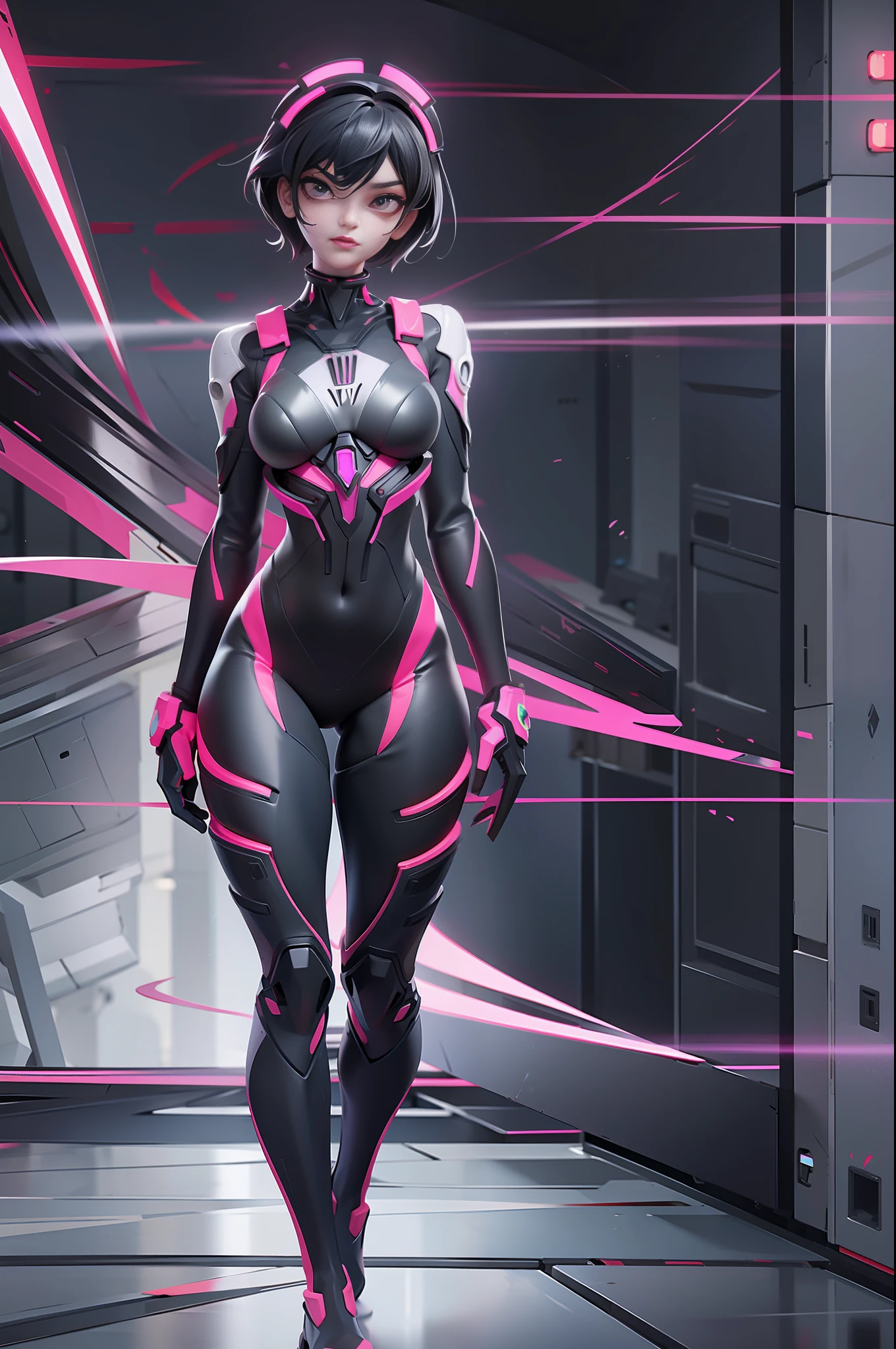 full body picture Unreal Engine 5 8K UHD of beautiful women, Chinese style short hair, wearing evangelion plug suit, half face cyberpunk mask, futuristic neck collar, beauty makeup, amber neon light details, best quality, masterpiece