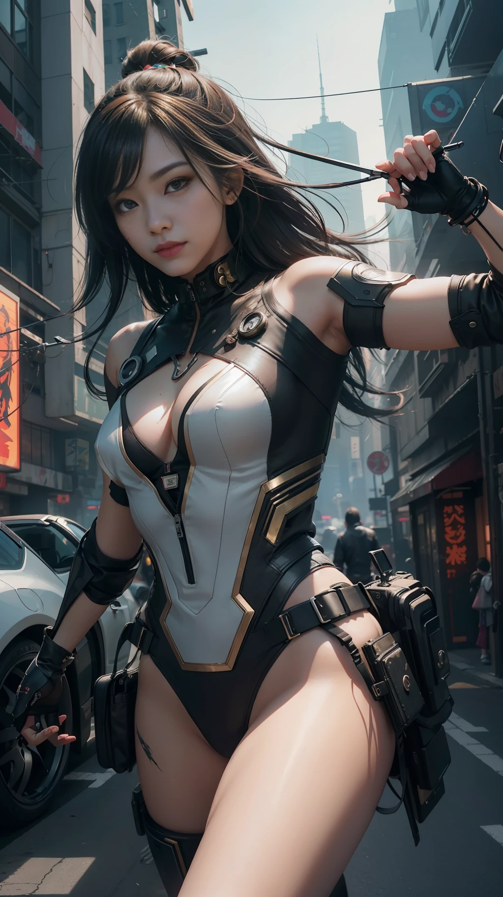 Beautiful hyperrealistic photograph of cute smiling asian cyberpunk female, shapeless cyberpunk hair, (((dynamic pose))), elegant pose, cyberpunk street background, abstract beauty, near perfection, pure form, Golden Ratio, minimalism, concept art, By Brian Froud and Carne Griffiths and Wadim Kashin, intricate detail, 8k post-production, High resolution, super Detail, trending on ArtStation, sharp focus, studio photos, intricate detail, Very detailed, By Greg Rutkowski