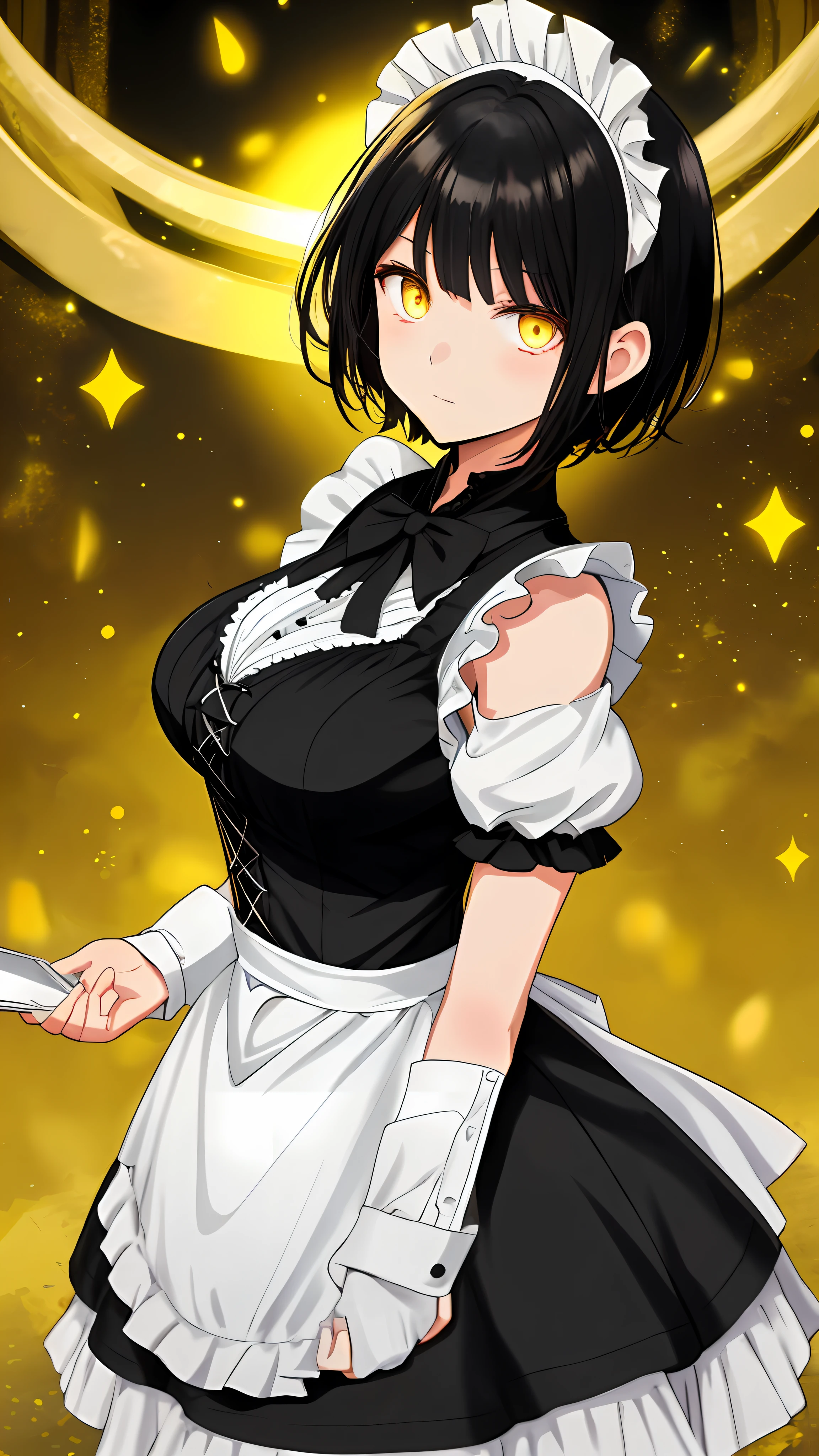 Yellow eyes, black hair, maid dress, 1girl, large breasts, light Expression, 1girl, short hair, arms behind back, hand out of frame